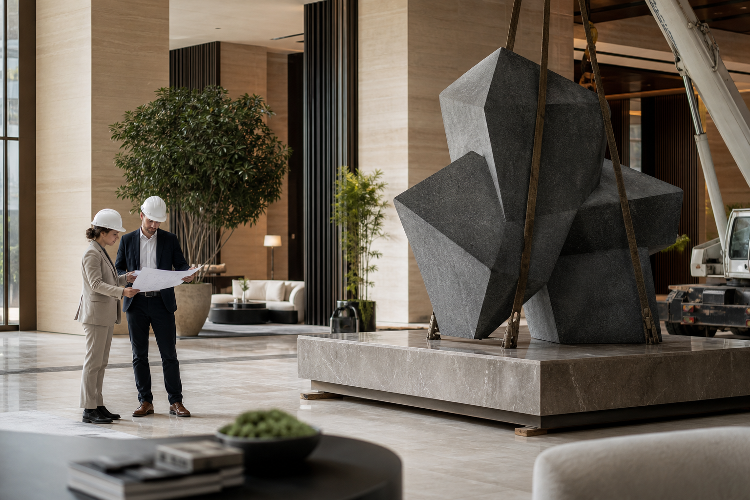Large custom sculpture budget planning with model, drawings, and installation crane