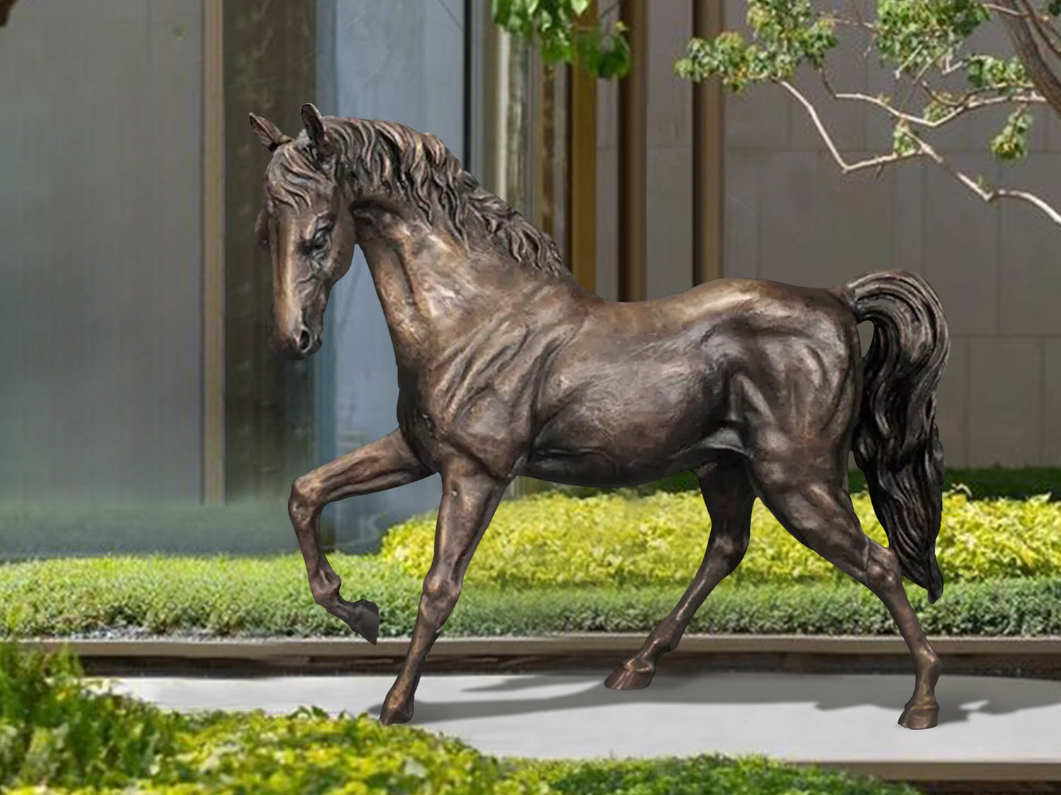 Life-Size Bronze Horse Sculpture display in a garden