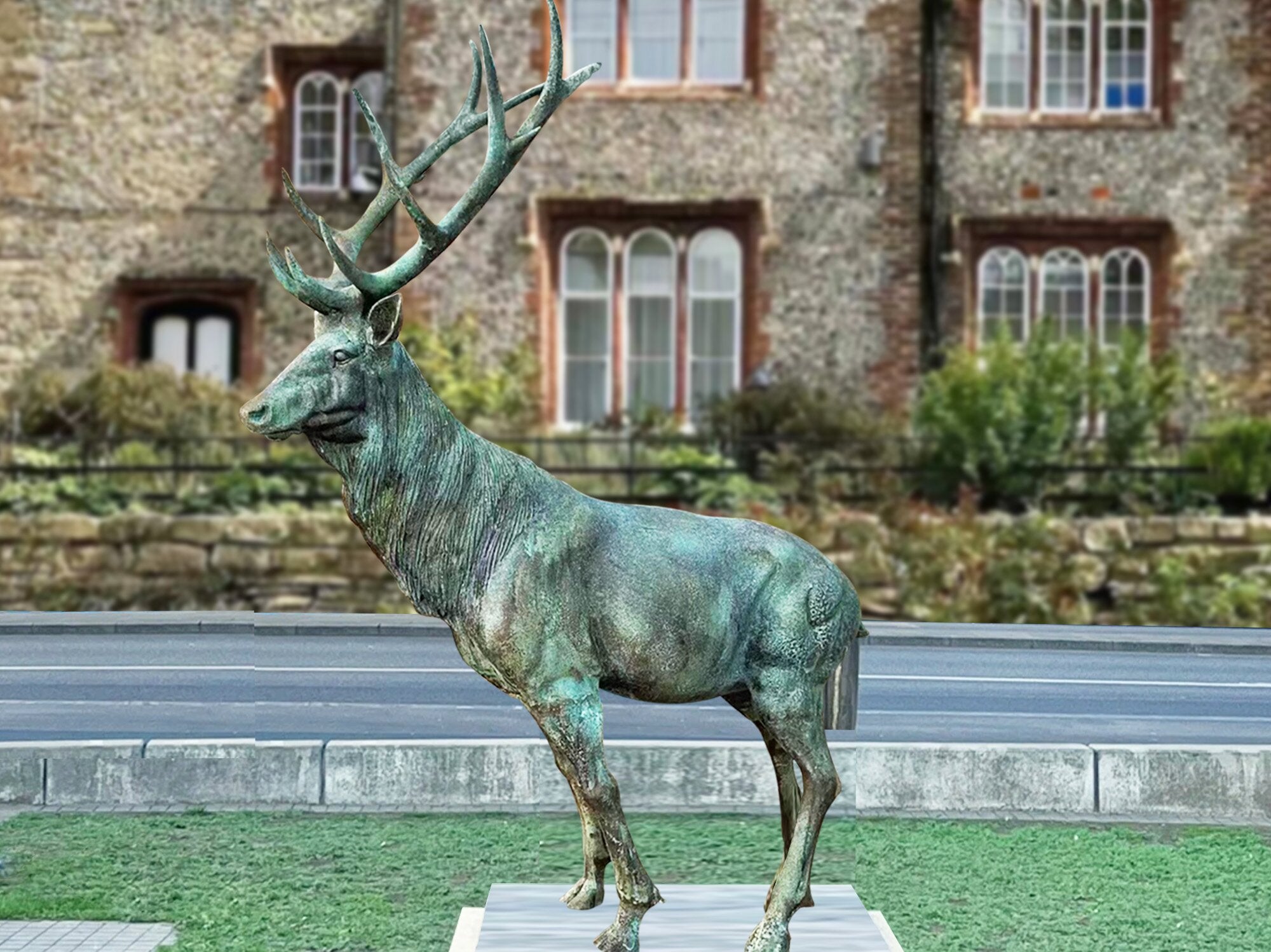 bronze elk scultpture with green patina