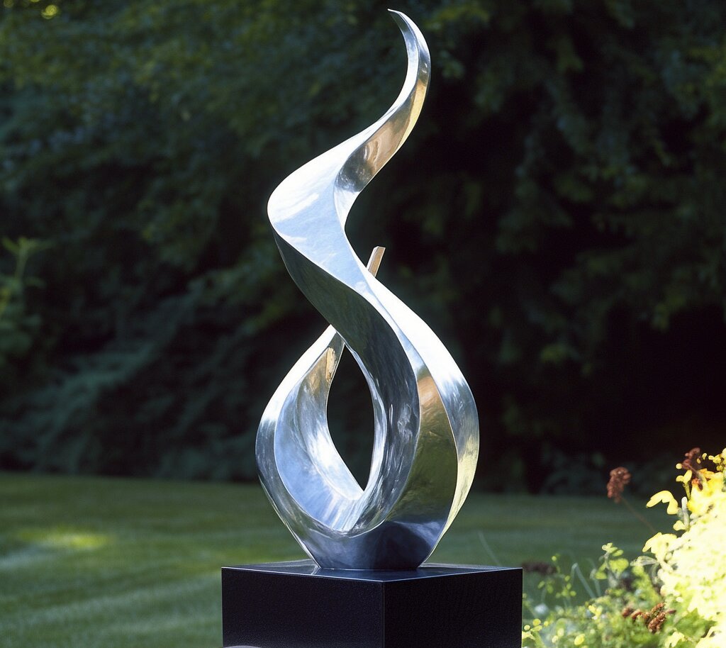 modern abstract stainless steel sculpture display in garden