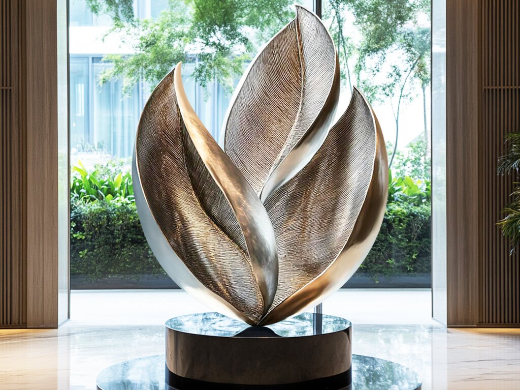 Custom Abstract Leaf-Inspired Stainless Steel Indoor Sculpture with Black Base