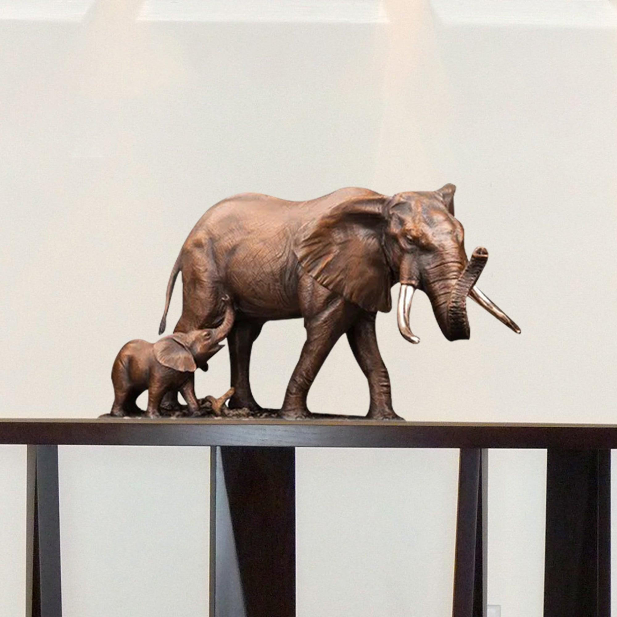 mother and baby bronze elephants sculptures