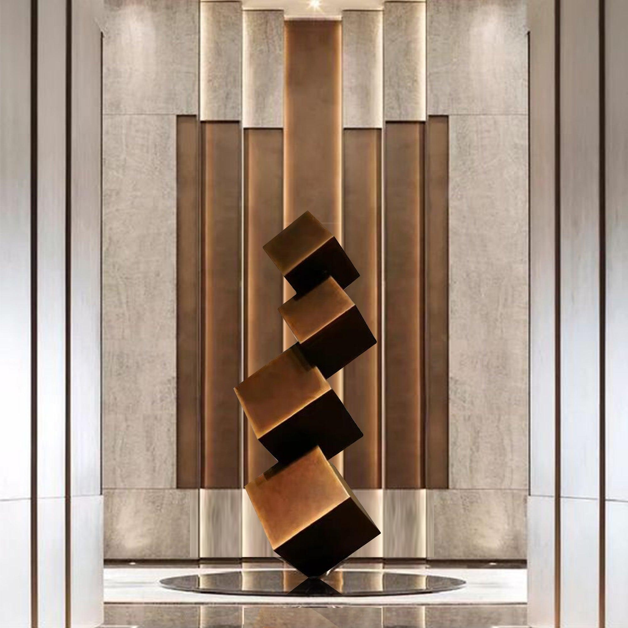 bronze color abstract sculpture stacked cubes indoor bronze sculptures