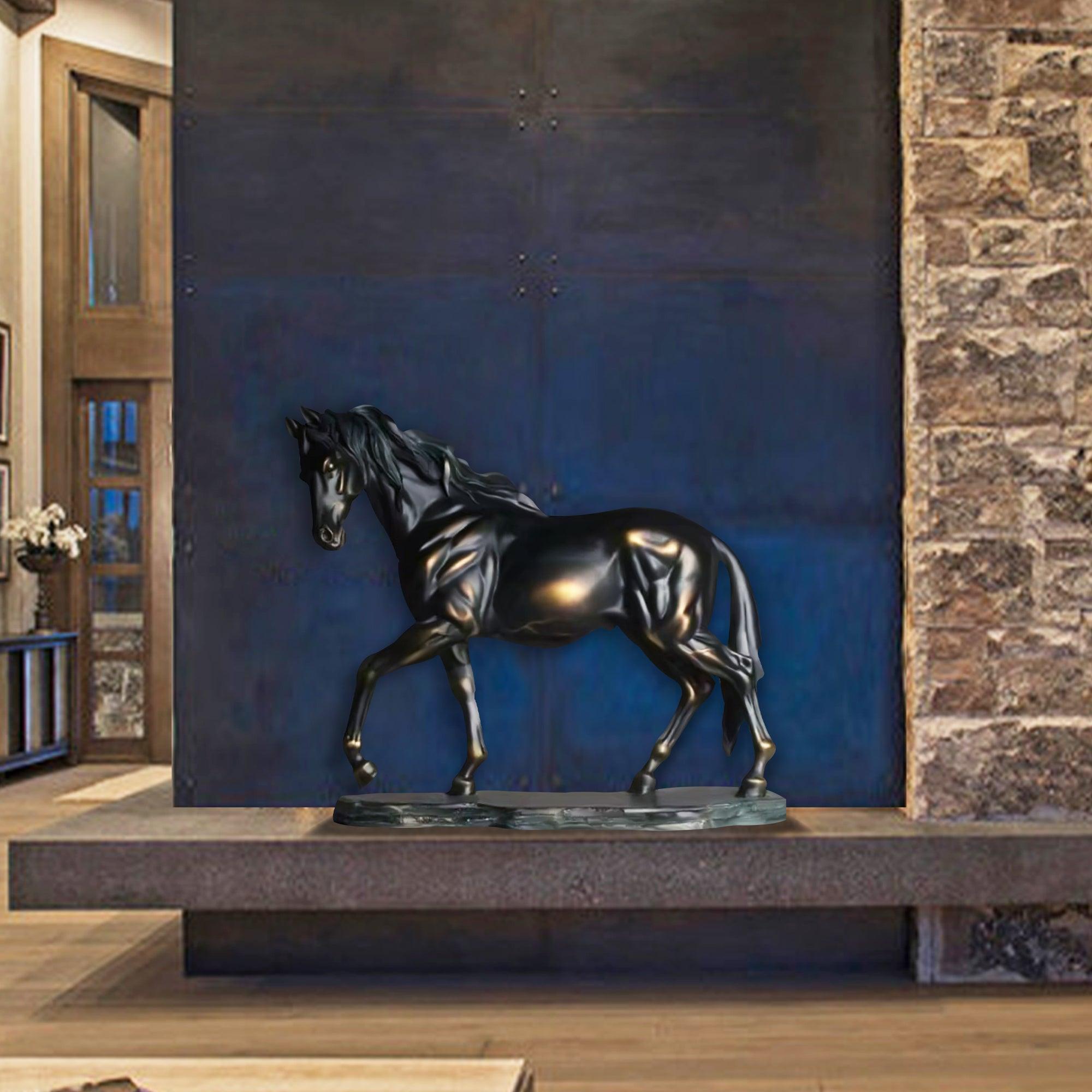 black bronze horse sculpture in hotel lobby