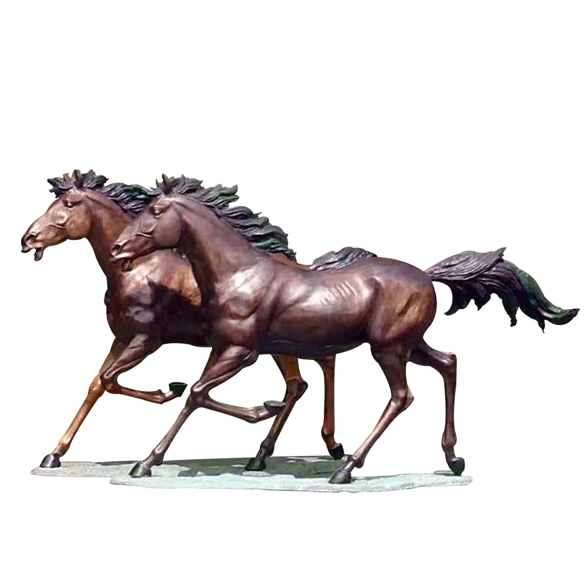 copper color two life size bronze running horse statues