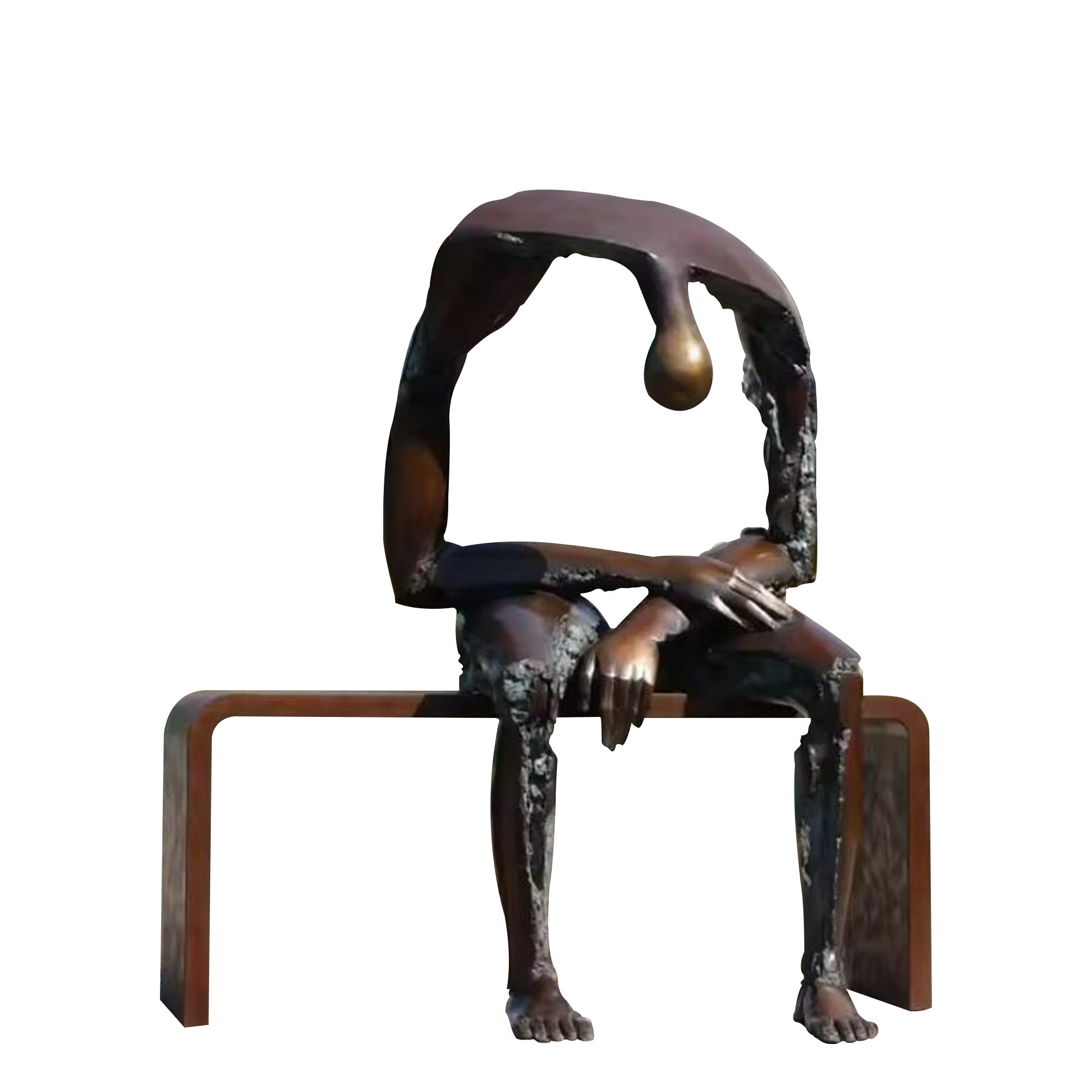 An abstract bronze sculpture of a seated figure on a minimalist bench