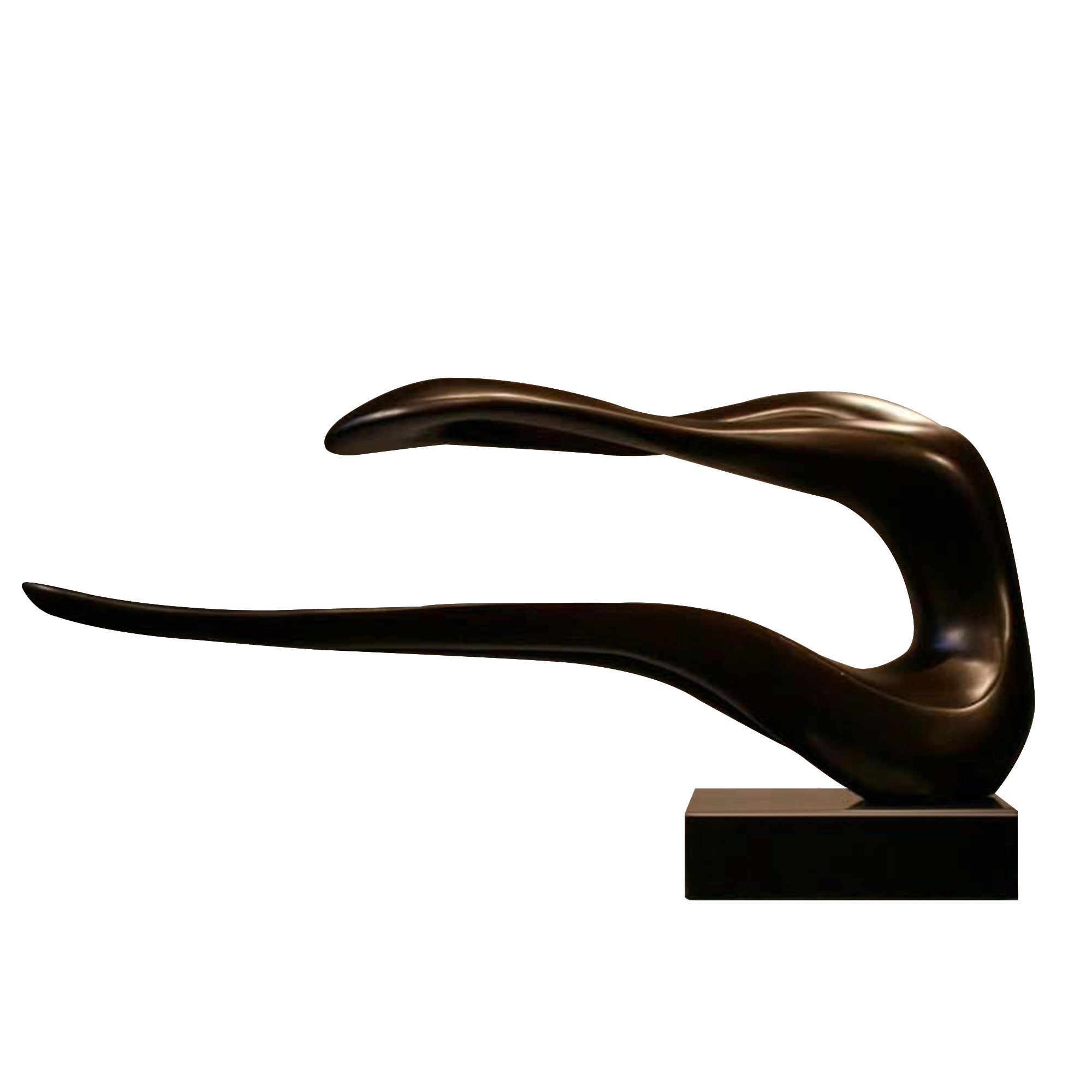 A sleek, abstract bronze sculpture with elongated, flowing curves, mounted on a black pedestal