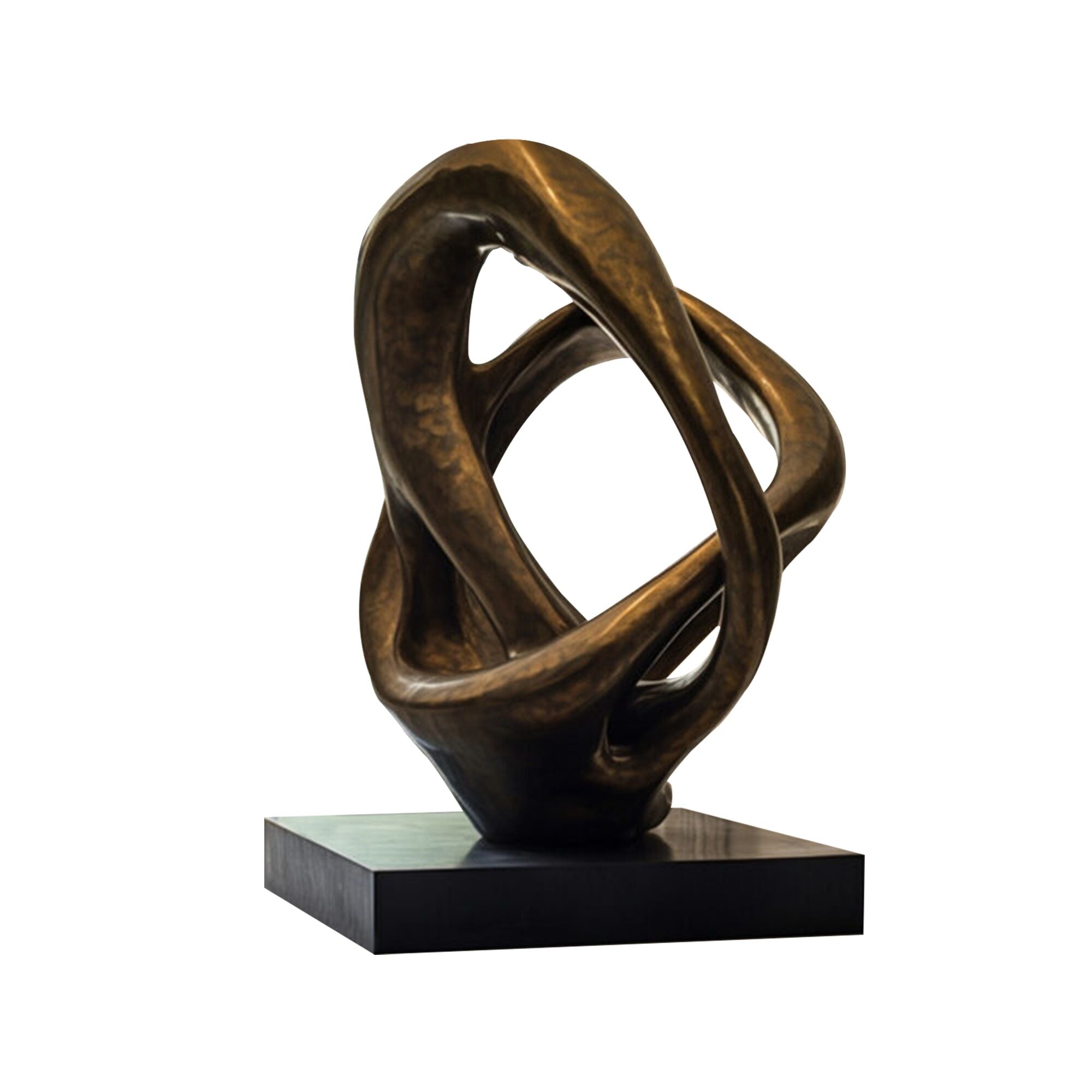 An abstract bronze sculpture with smooth, interwoven loops mounted on a black pedestal