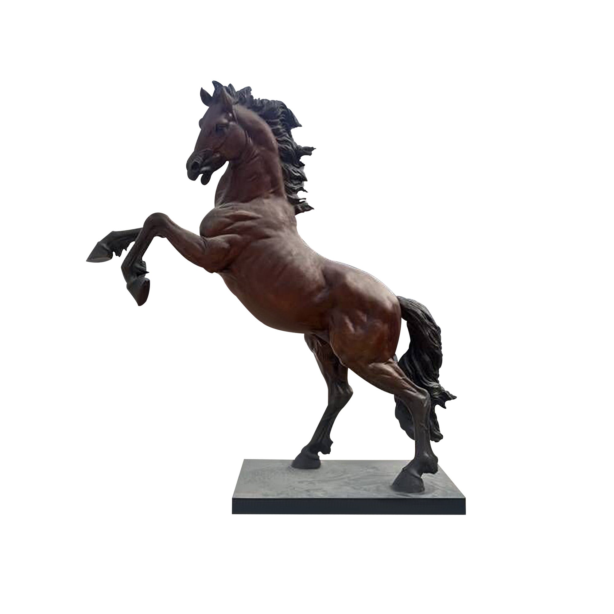 A polished bronze prancing horse sculpture on a pedestal