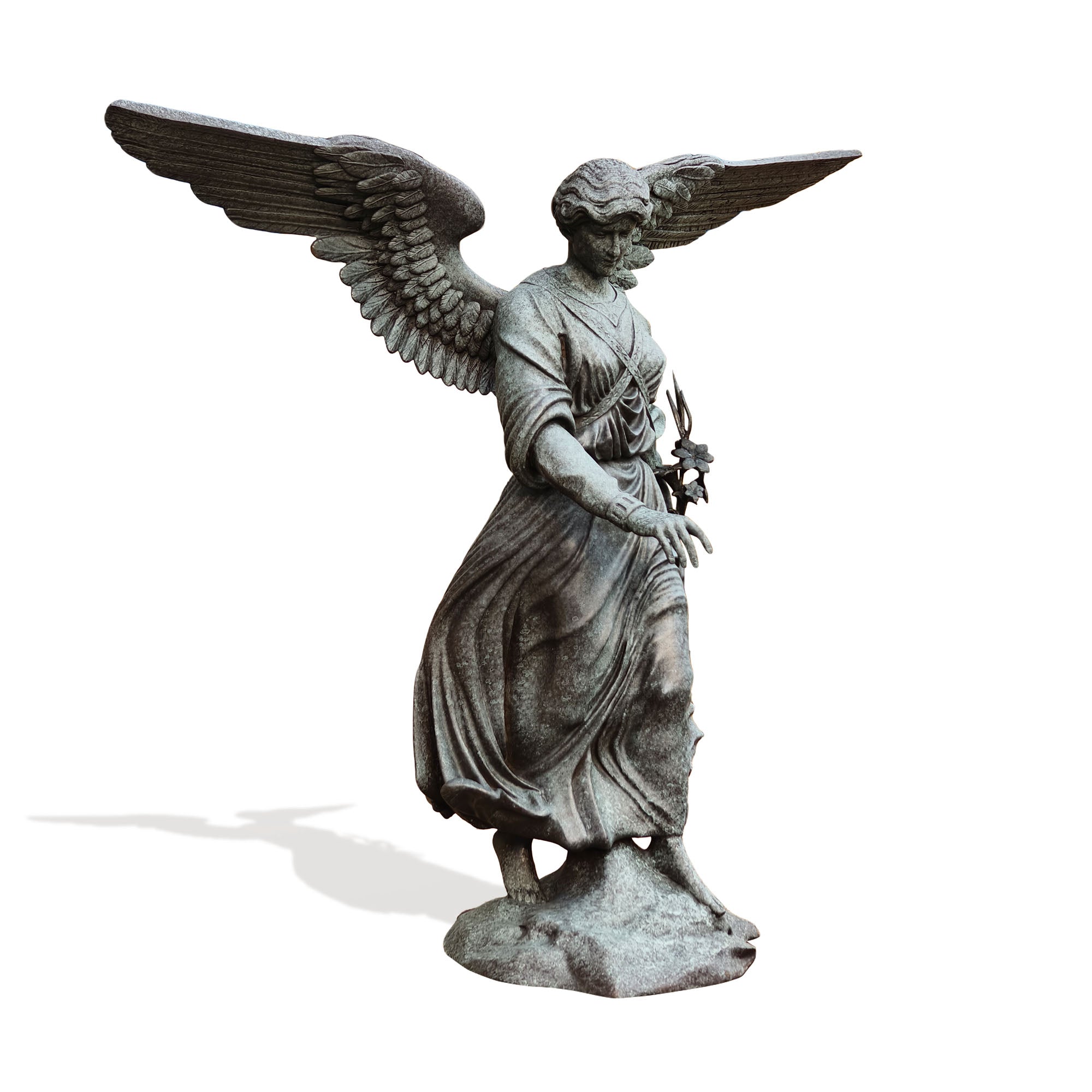Statue of an angel with outstretched wings on a white background