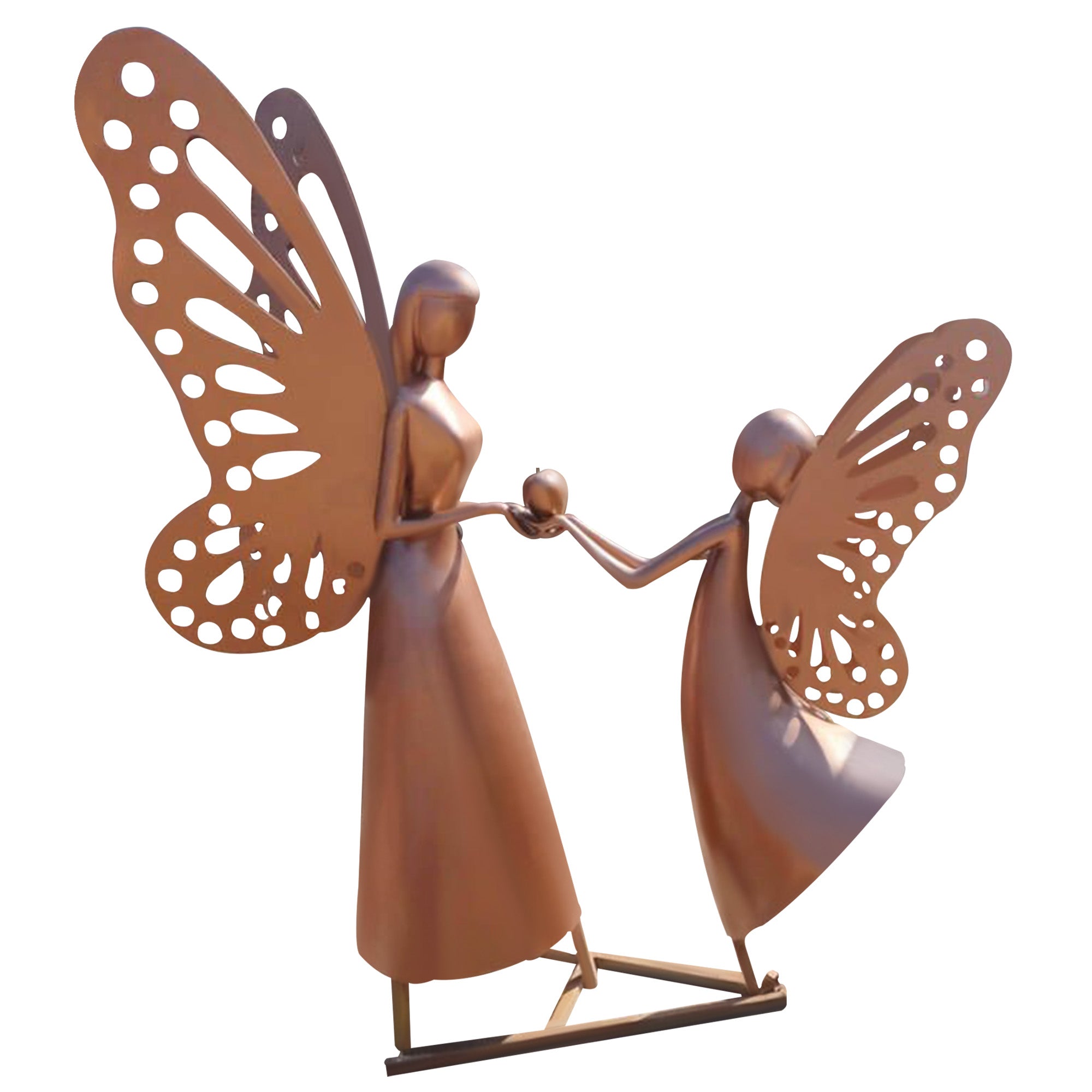 Copper sculpture of a mother and child with butterfly wings