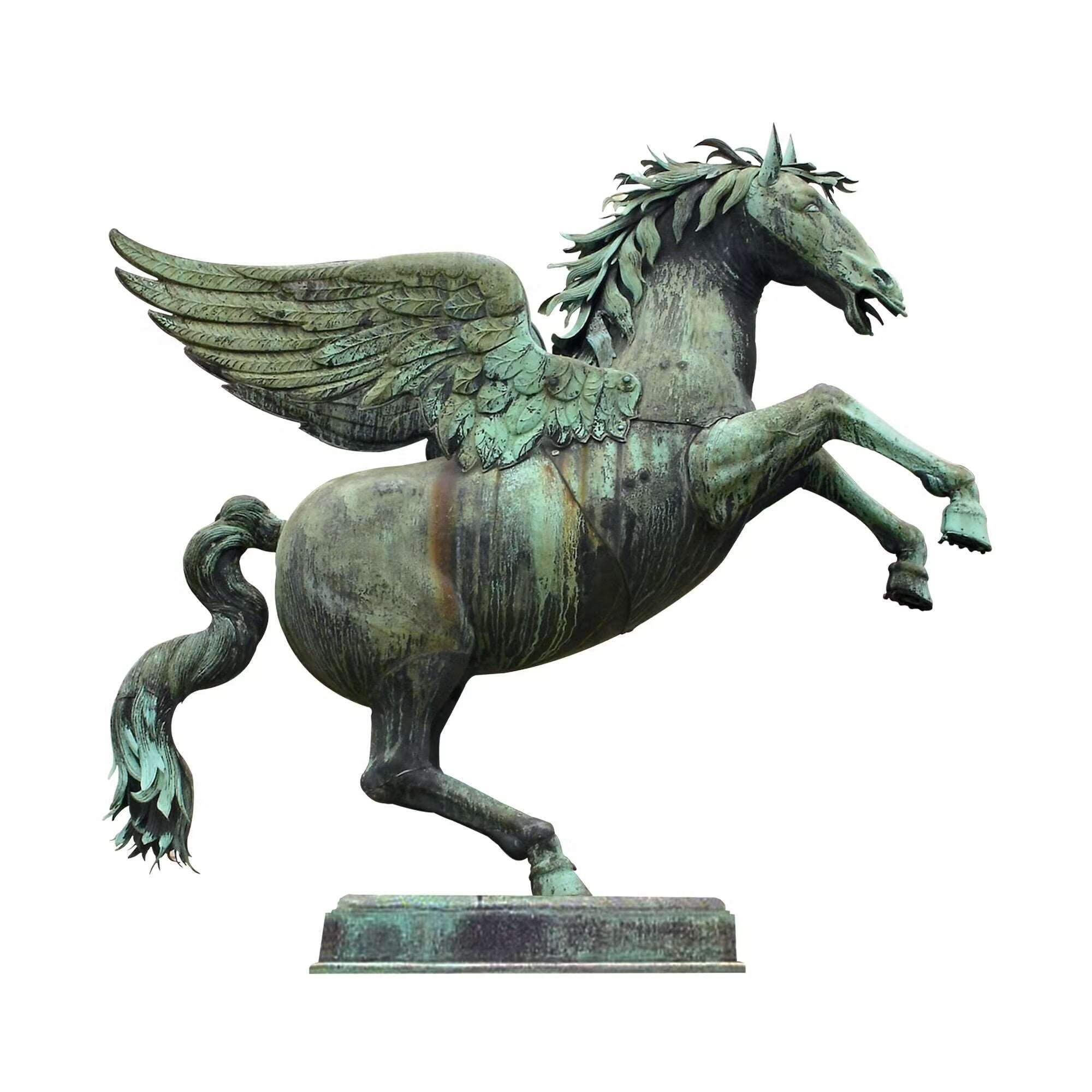 A bronze statue of a rearing Pegasus with detailed wings