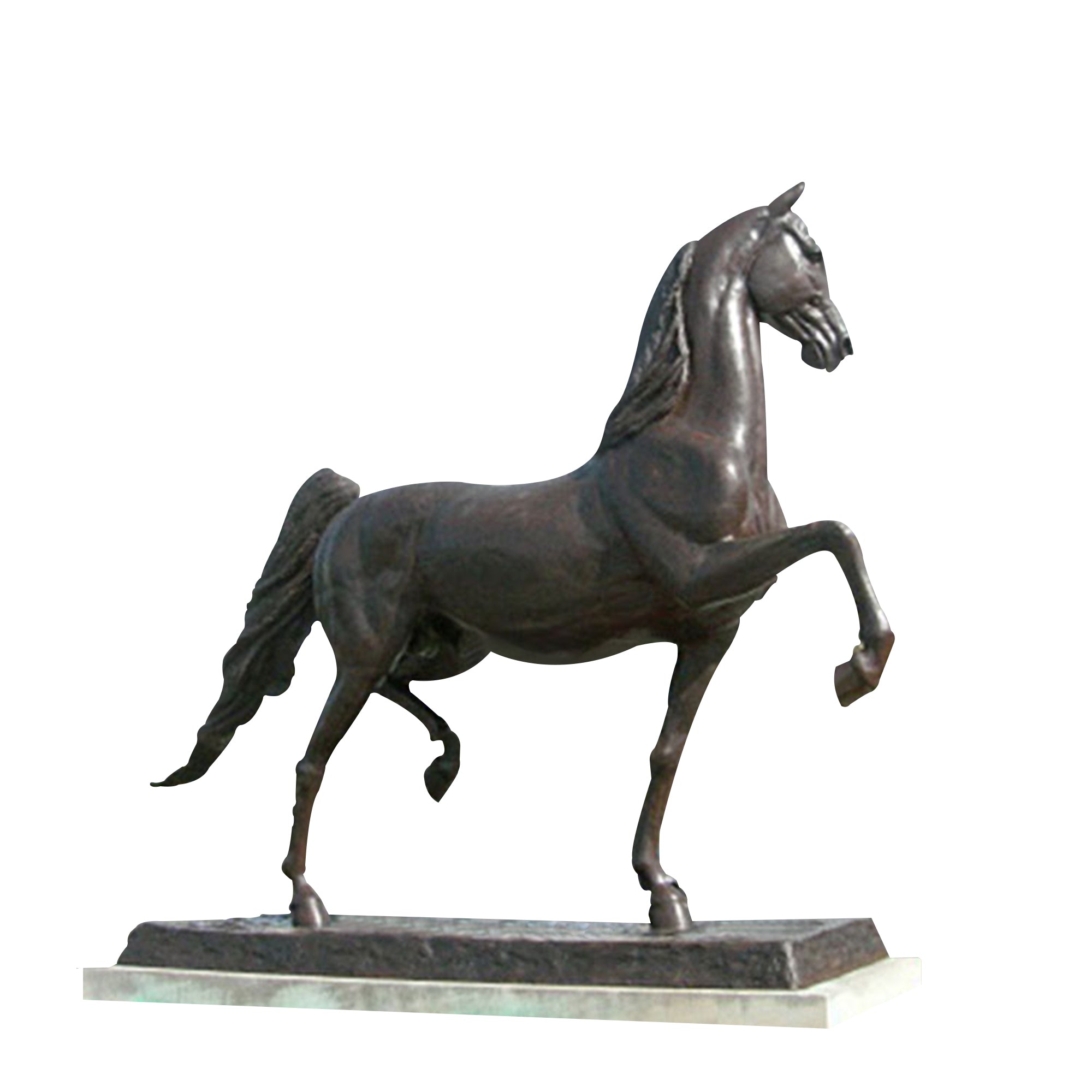 Bronze statue of a horse in a trotting pose with base