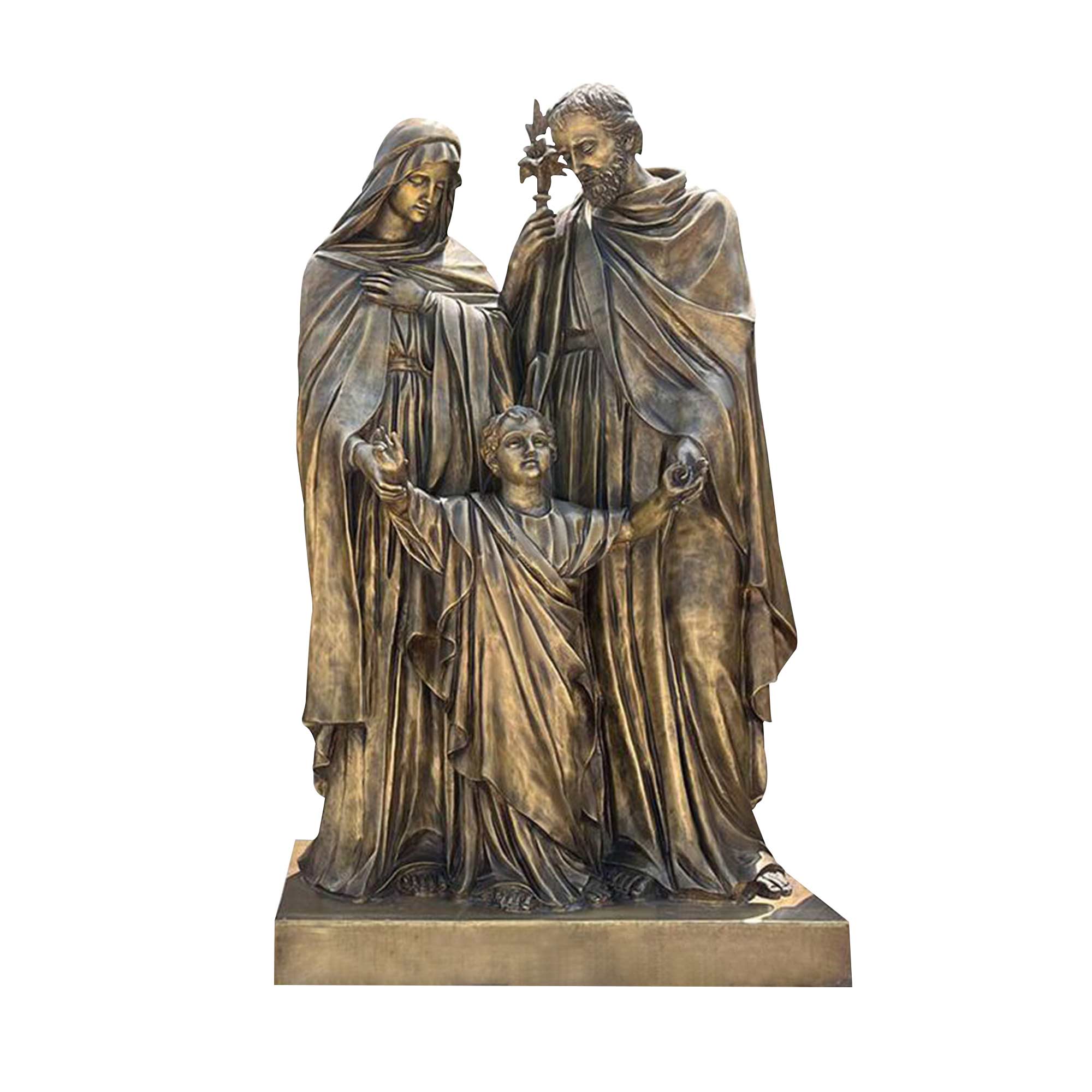 Bronze sculpture of the Holy Family—Jesus, Mary, and Joseph—depicting a moment of love and unity