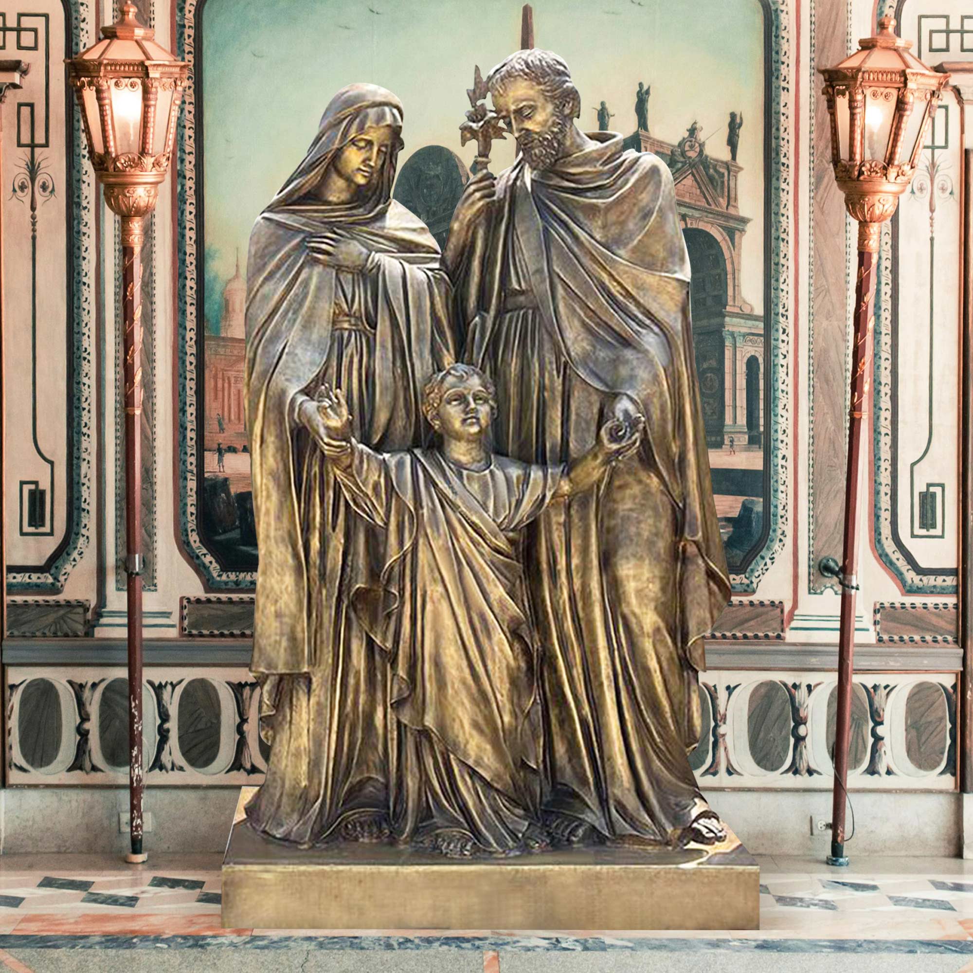 bronze holy family sculpture indoor lobby