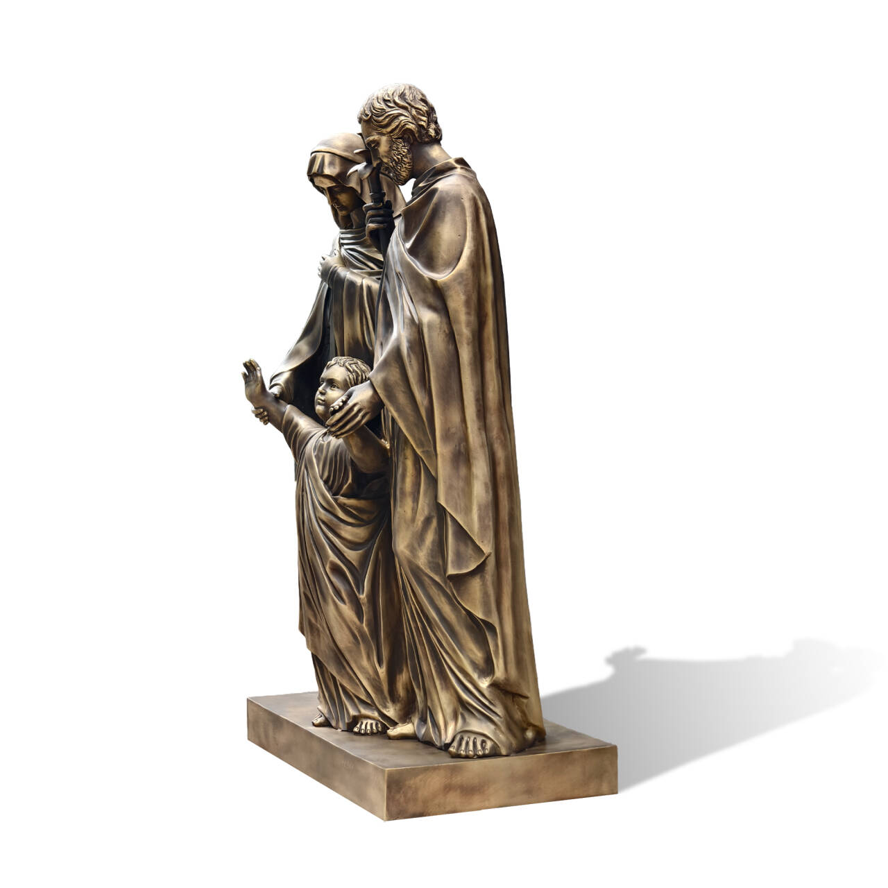 Side profile of bronze Holy Family statue depicting Jesus, Mary, and Joseph