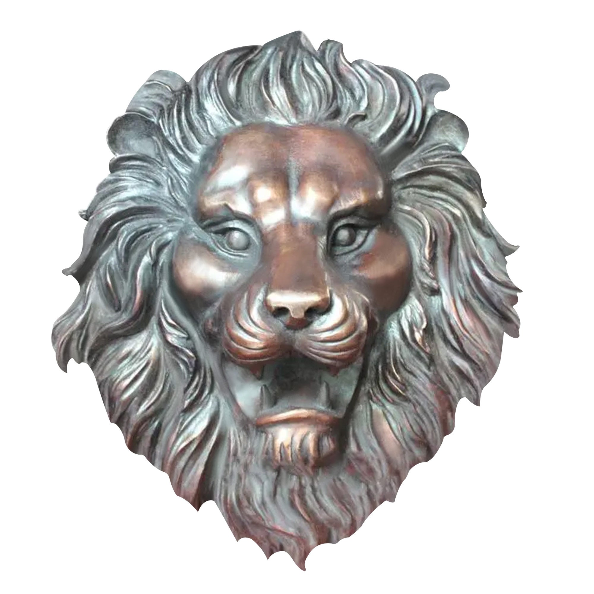 Bronze lion head wall sculpture with an antique patina finish