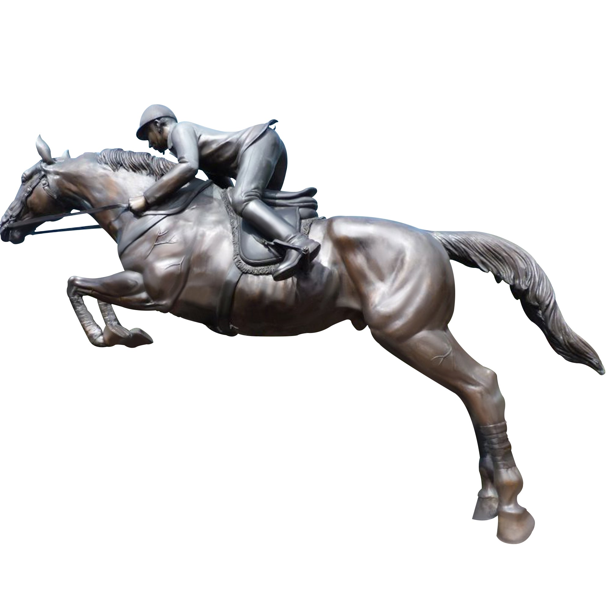 Bronze statue of a horse and rider in mid-jump