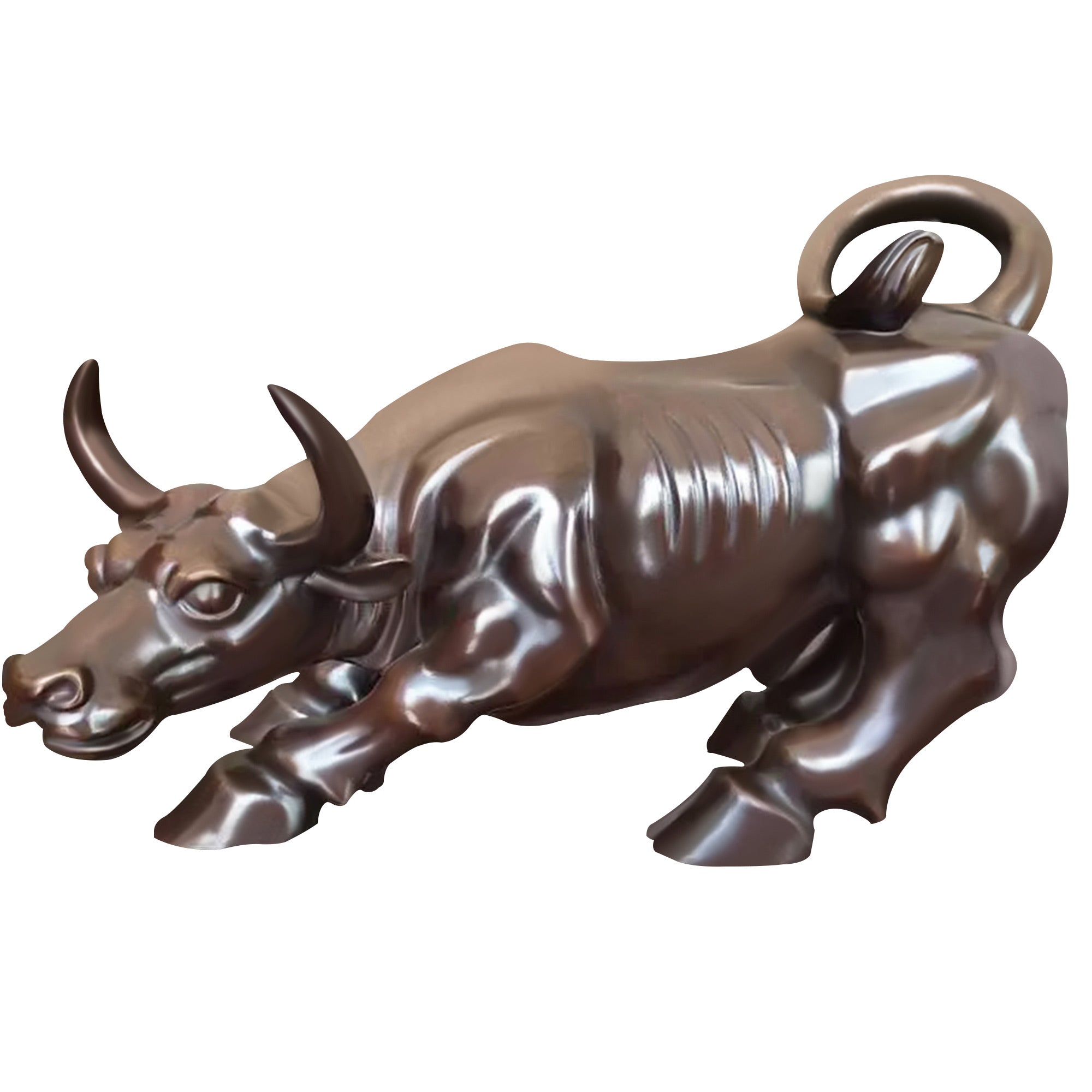 Bronze charging bull sculpture with a polished finish