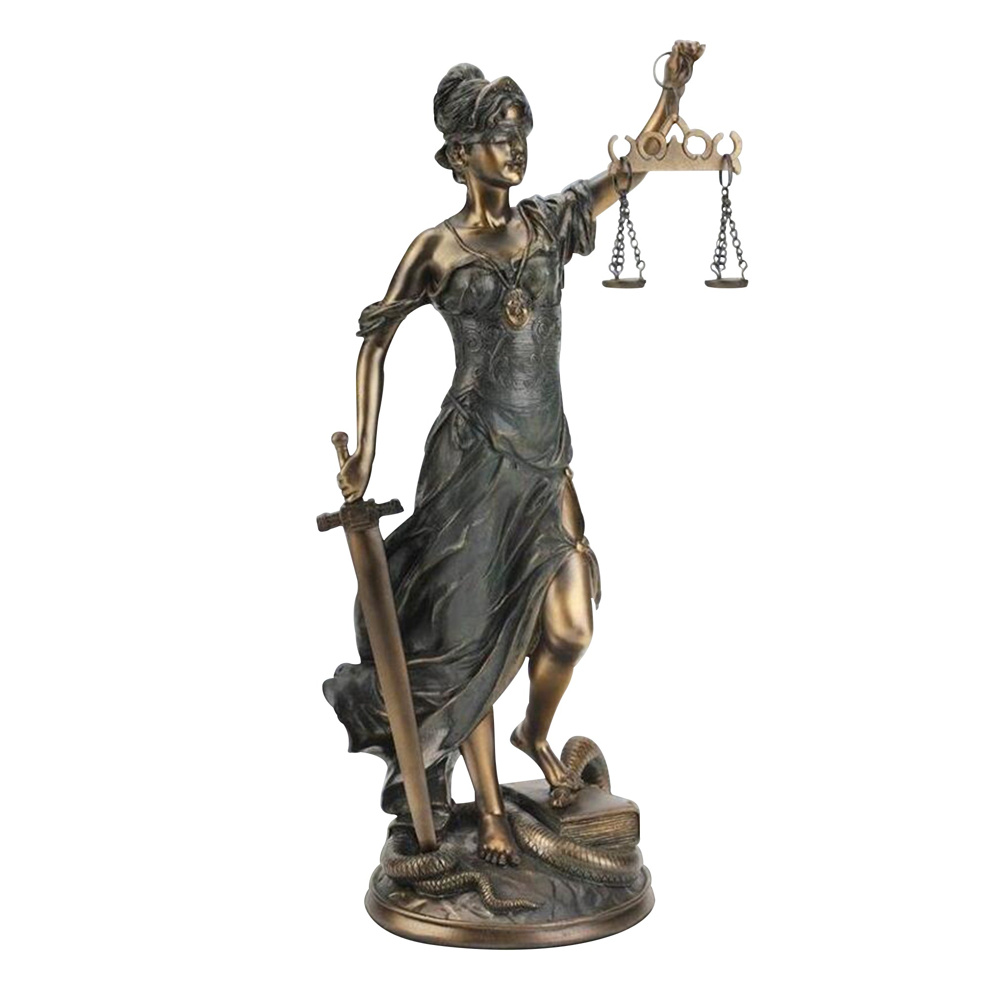 Bronze Lady Justice sculpture holding scales and a sword, symbolizing fairness and the rule of law.