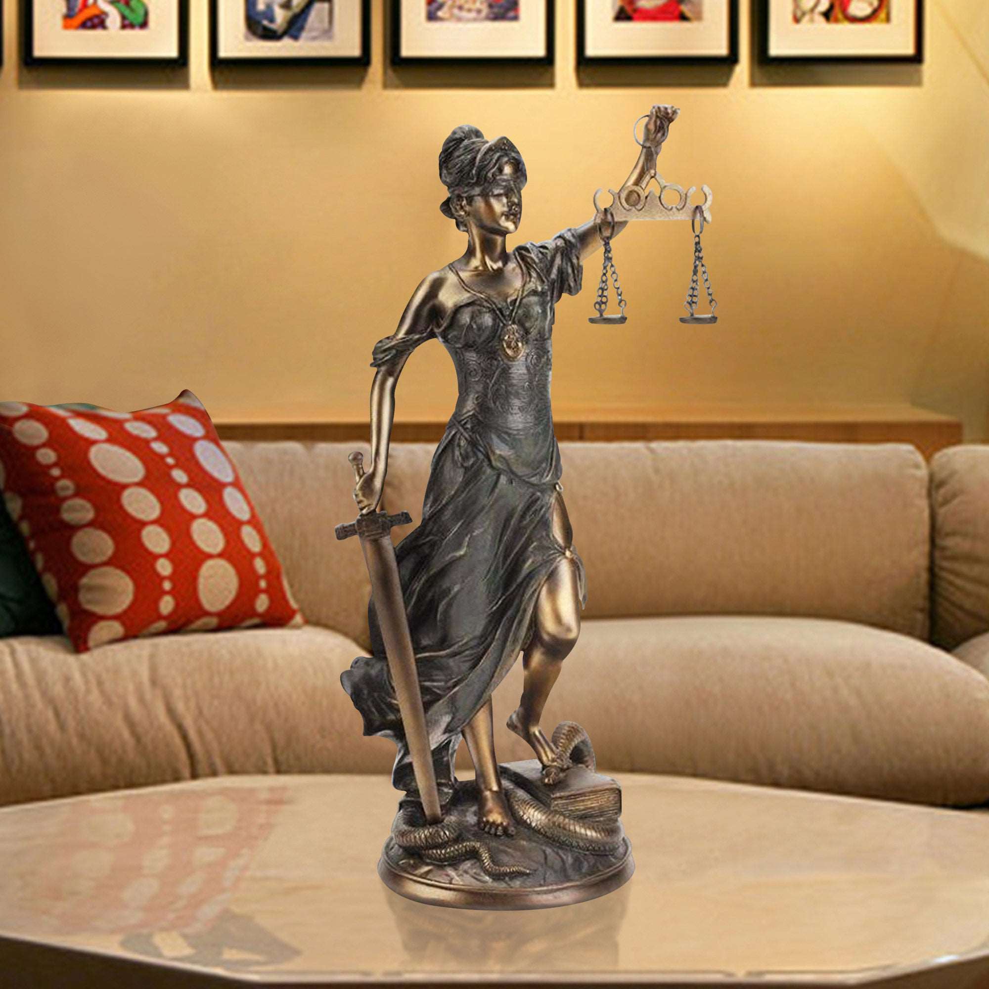 Bronze Lady Justice sculpture holding scales and a sword, symbolizing fairness and the rule of law placing in living room