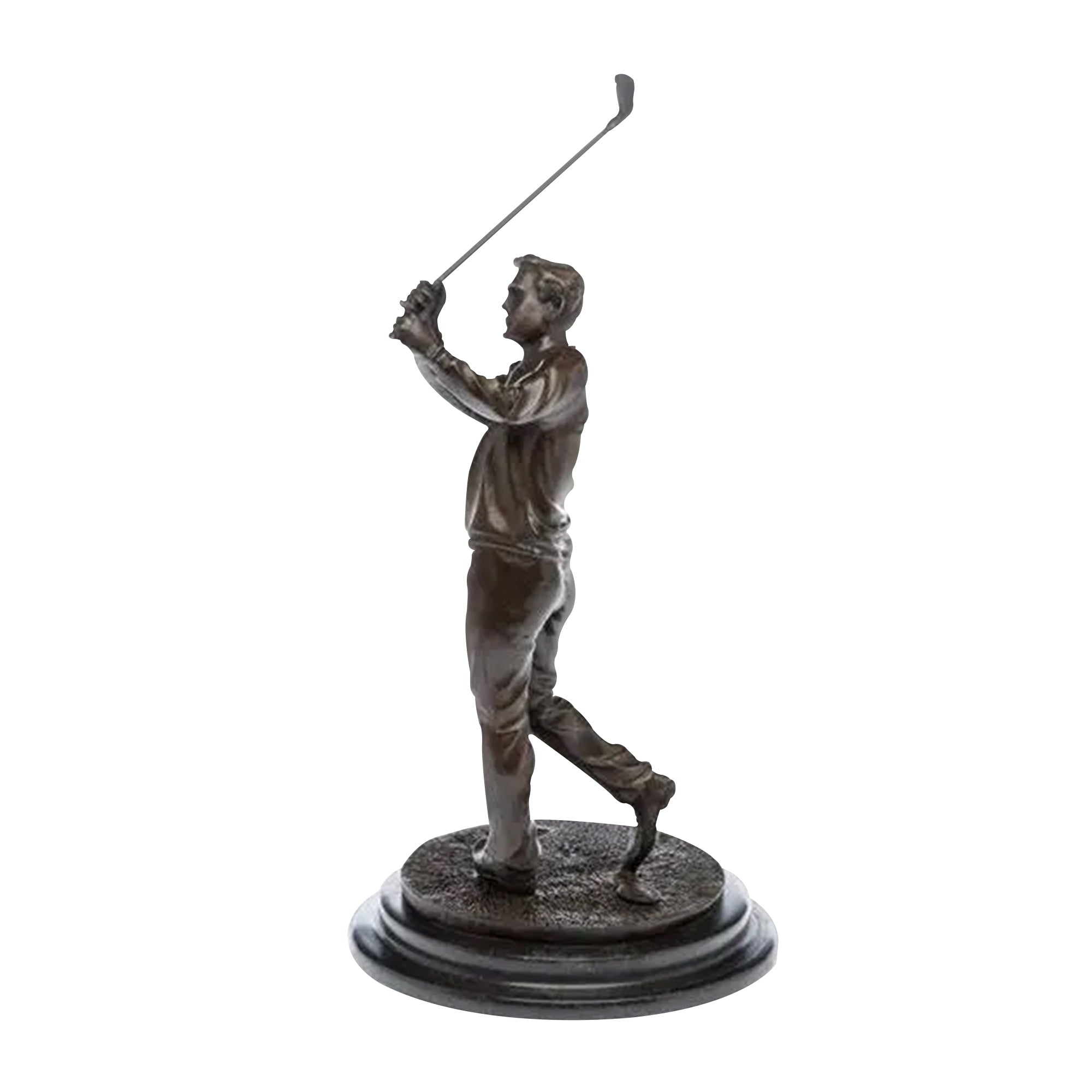 Bronze sculpture of a golfer mid-swing