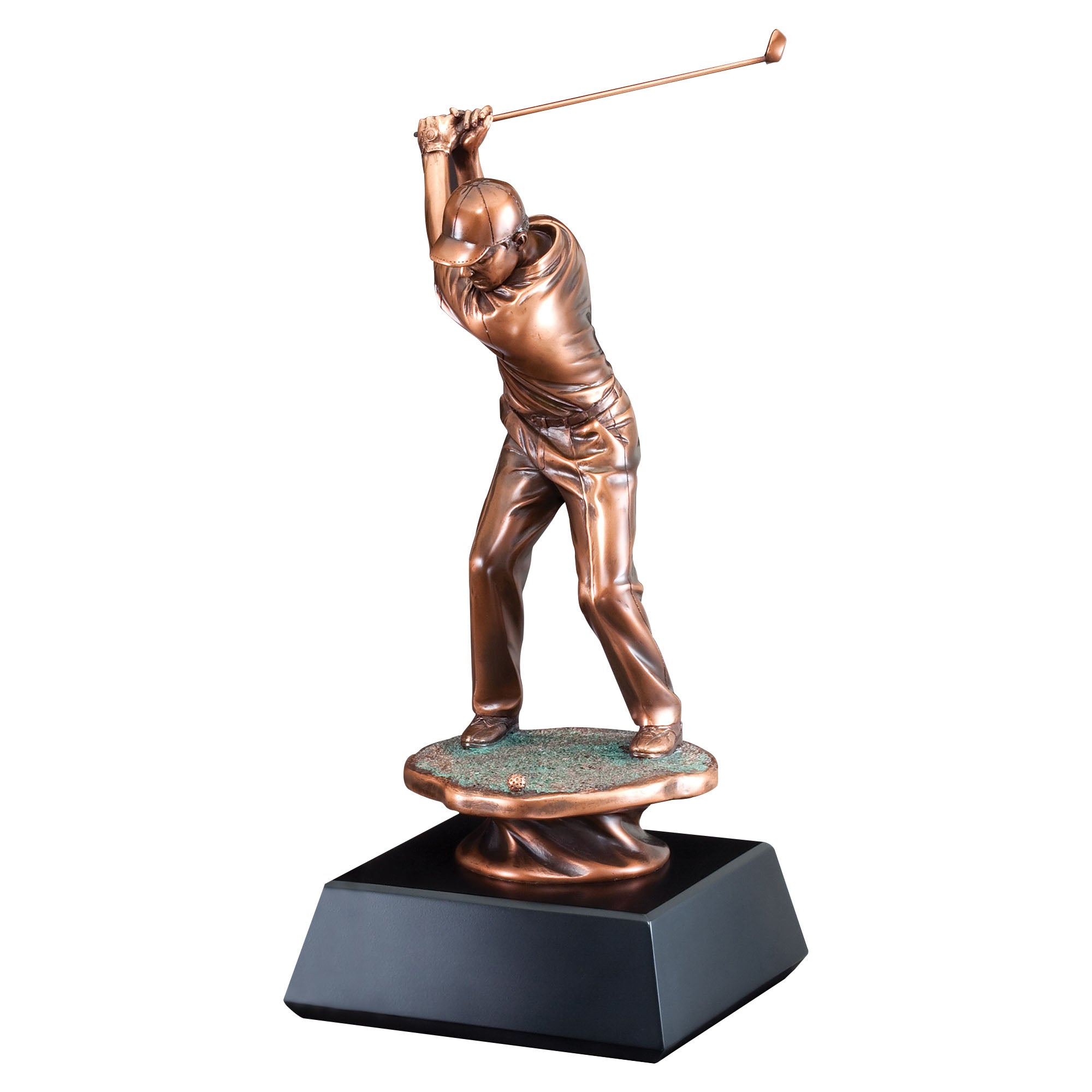 Bronze sculpture of a golfer mid-swing on a black base