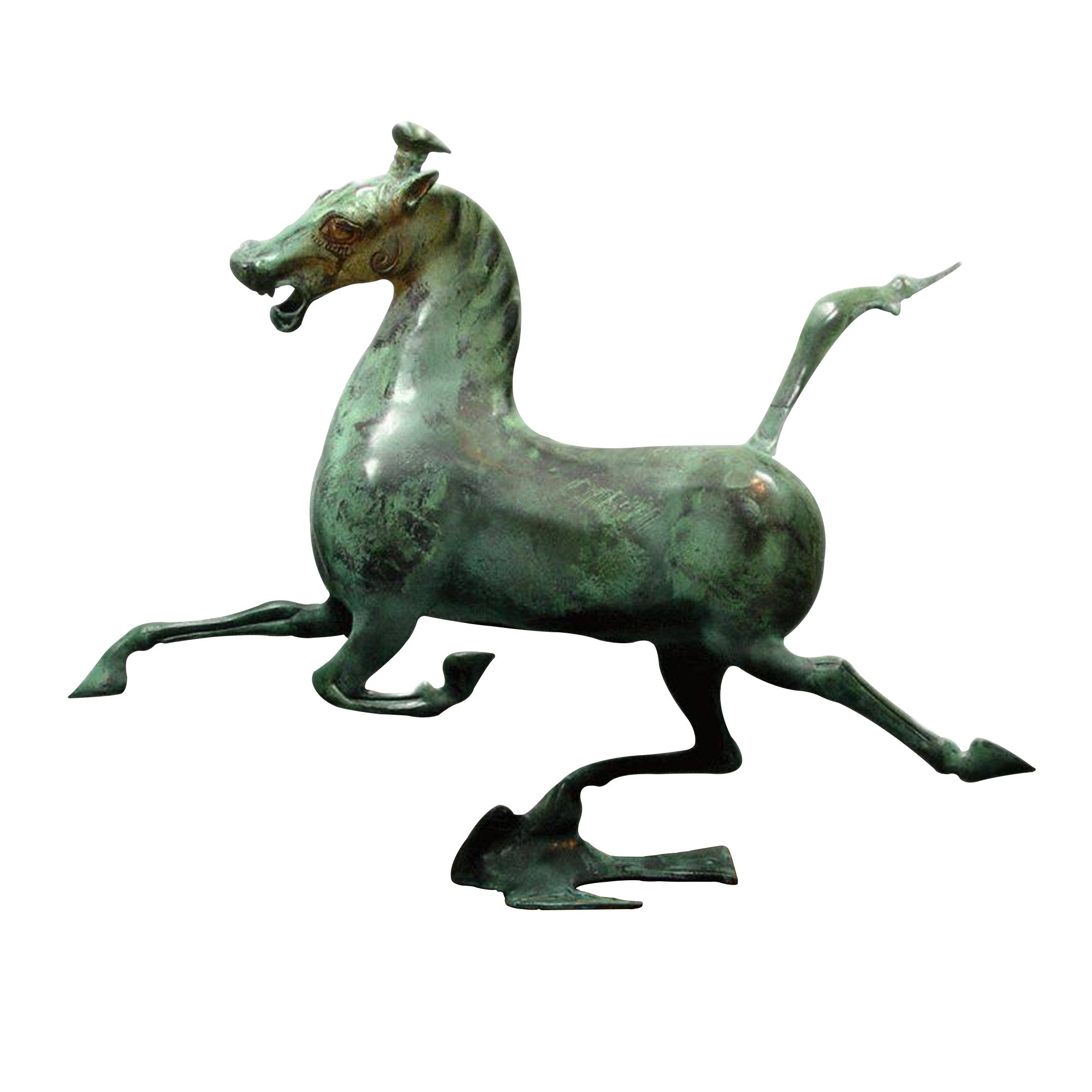 ronze sculpture replica of a Chinese galloping horse treading on a flying swallow, finished with an aged patina