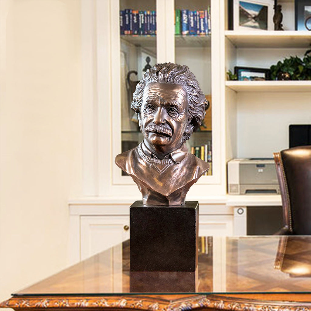 bronze albert einstein bust sculpture with black base display on the desk