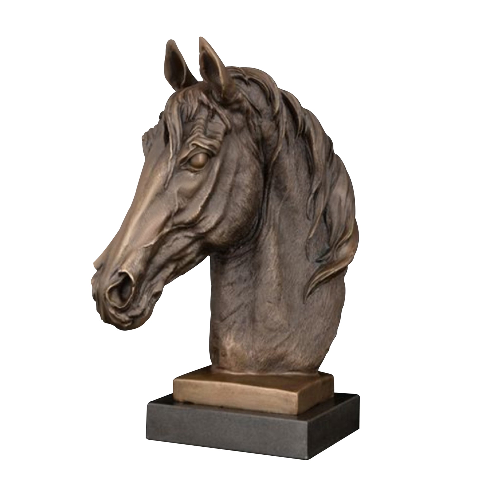 Indoor bronze art horse head sculpture with an antiqued finish