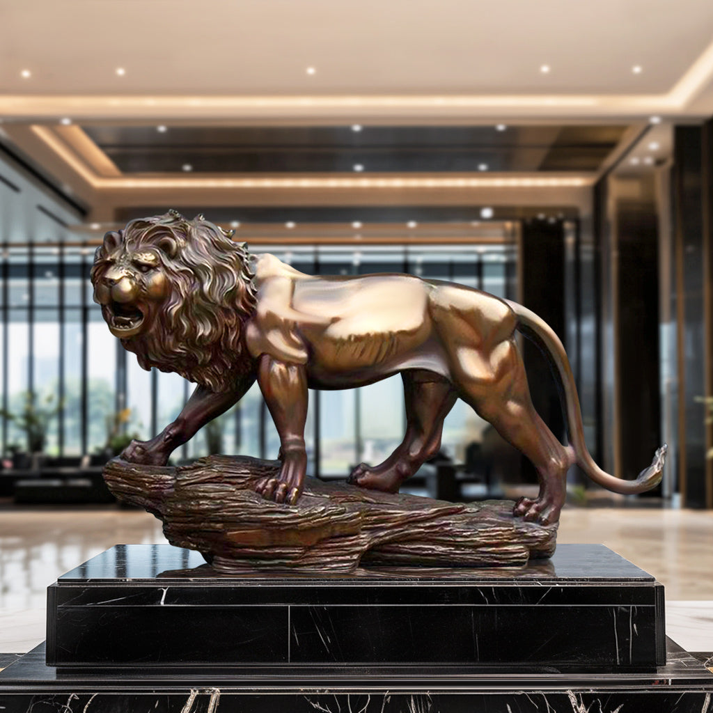 bronze lian sculpture with base in indoor lobby