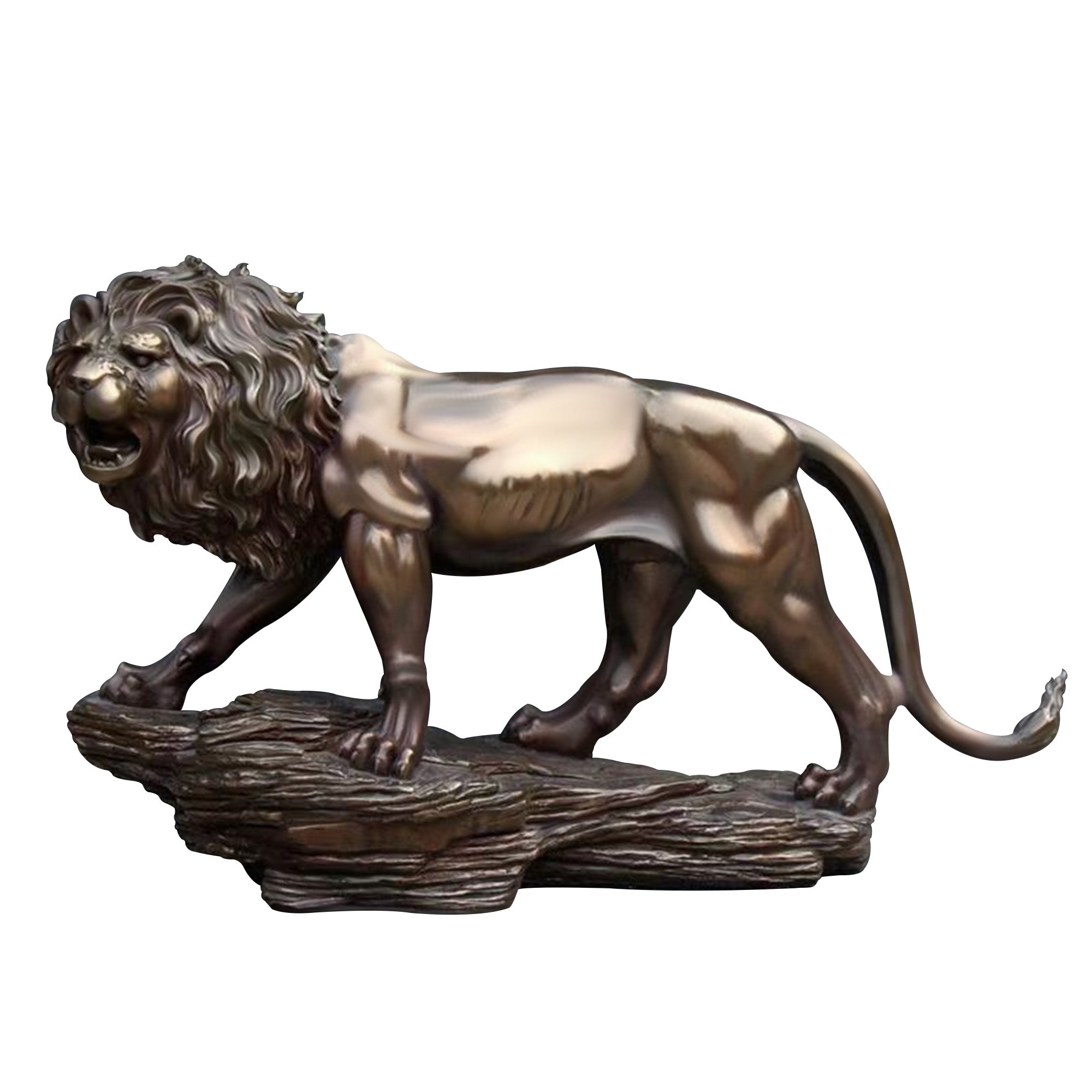 Majestic Bronze Lion Sculpture on a stone base, showcasing the lion’s powerful stance and detailed mane