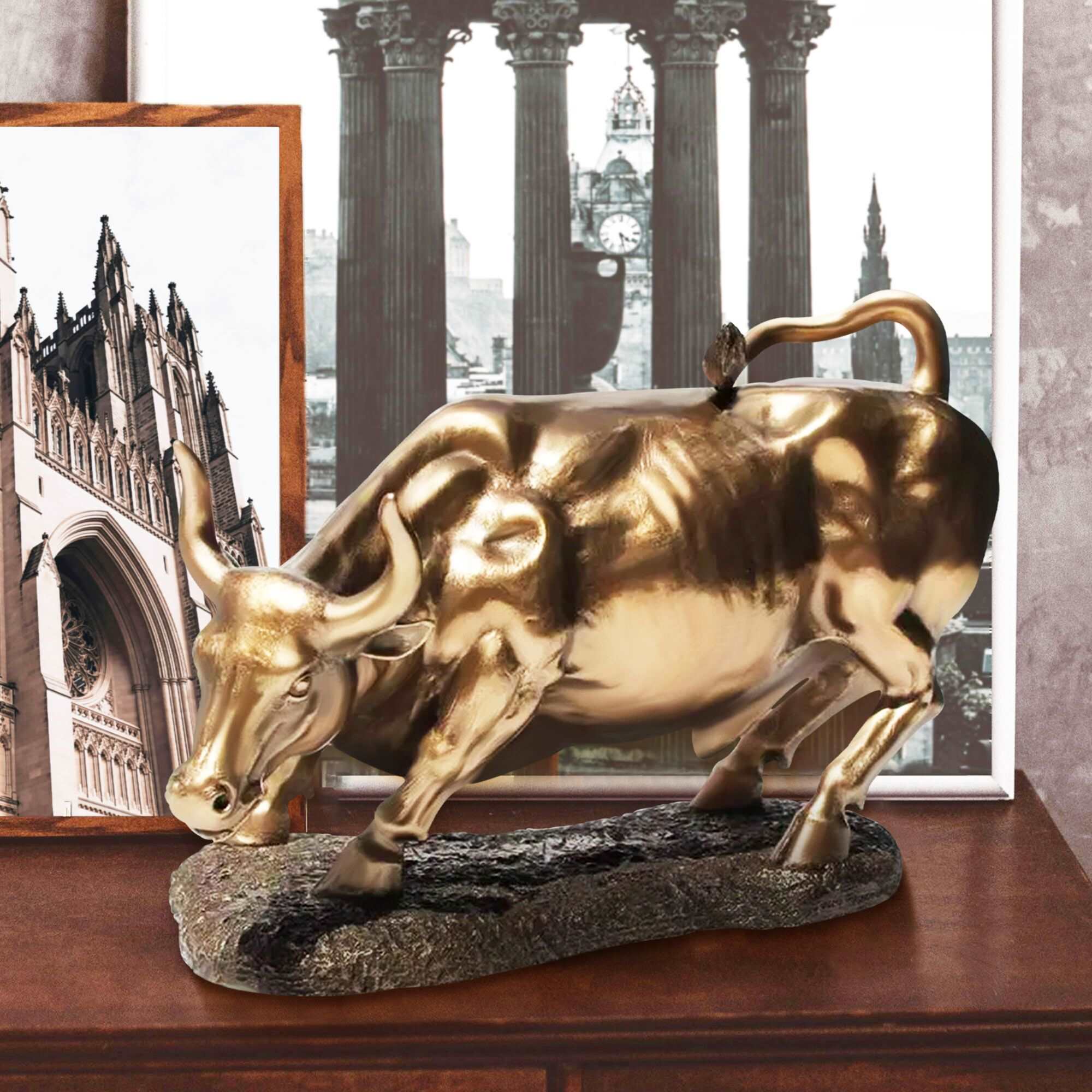 Polished Bronze Charging Bull Sculpture for tabletop display, ideal for indoor decoration and office spaces.