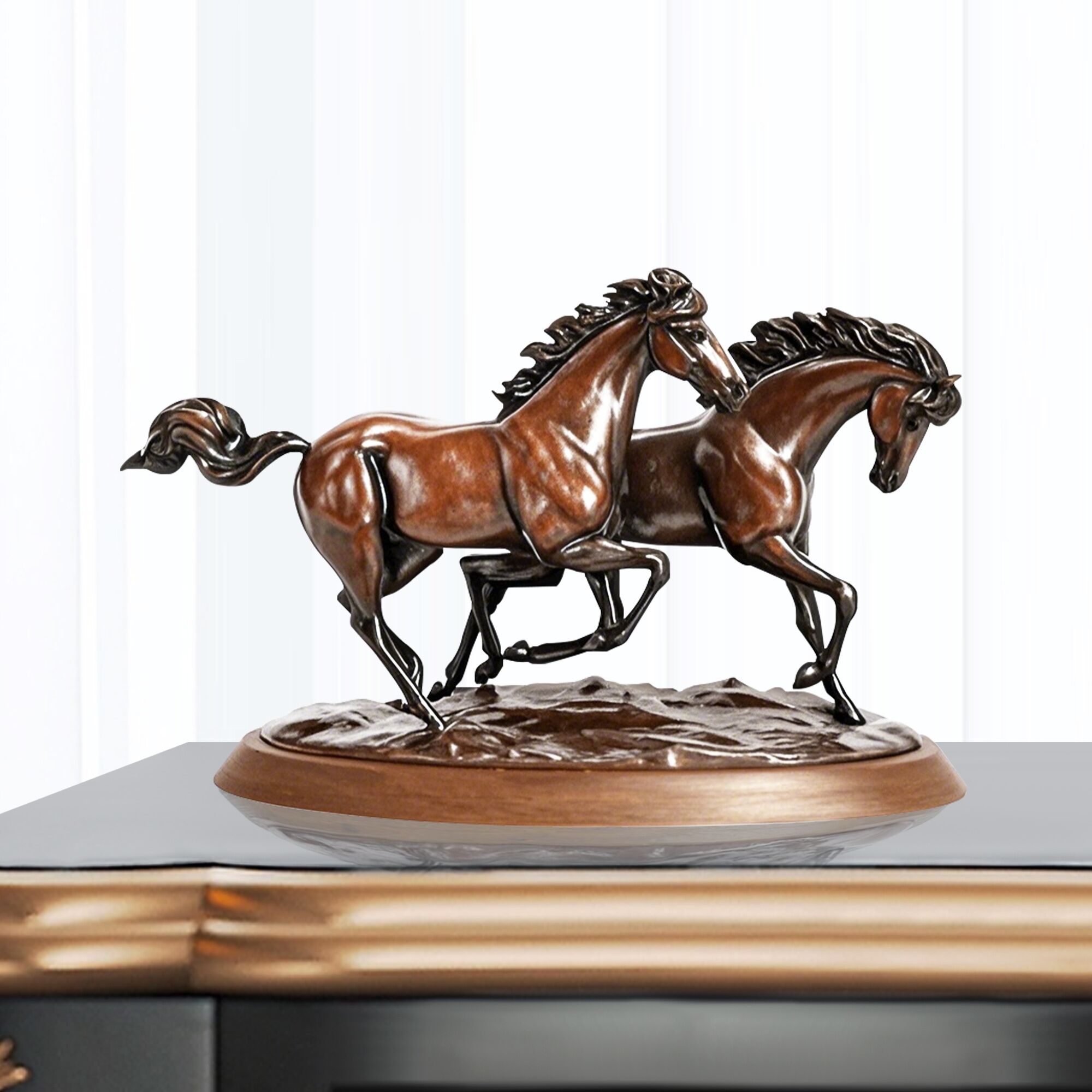 Bronze Galloping Double Horses Sculpture display on the desk