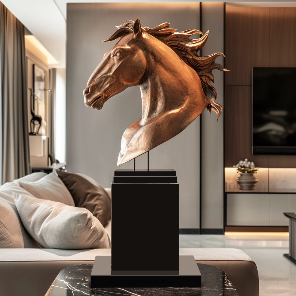 Modern indoor bronze horse head sculpture with a polished finish on a black marble base, displayed in a luxurious interior setting.