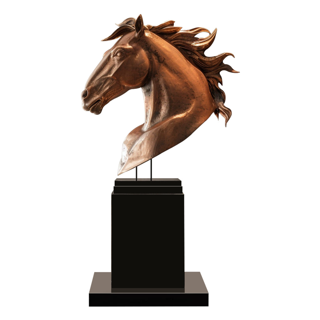 Modern indoor bronze horse head sculpture with a polished finish on a black marble base