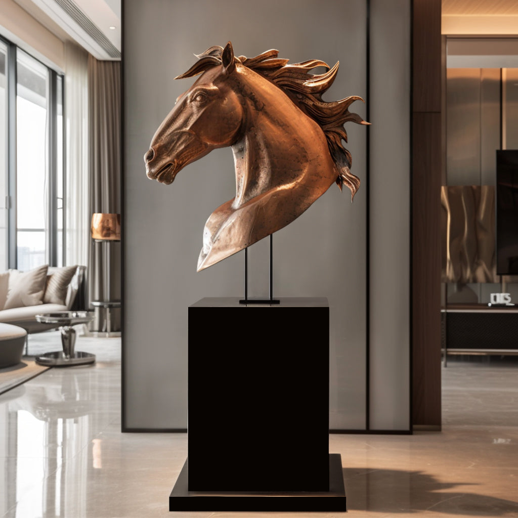 Modern indoor bronze horse head sculpture with a polished finish on a black marble base, displayed in a luxurious interior setting.