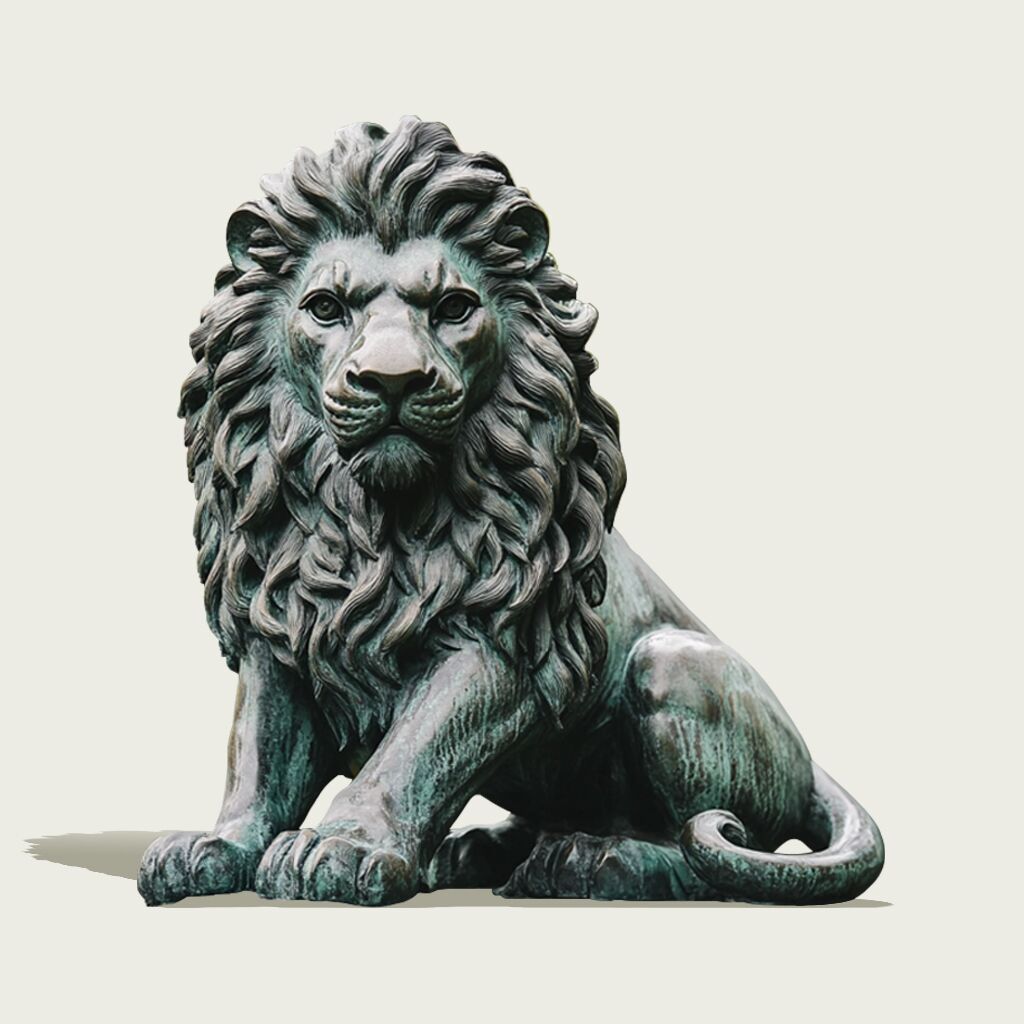 Majestic Bronze Lion Statue with a Green Patina finish