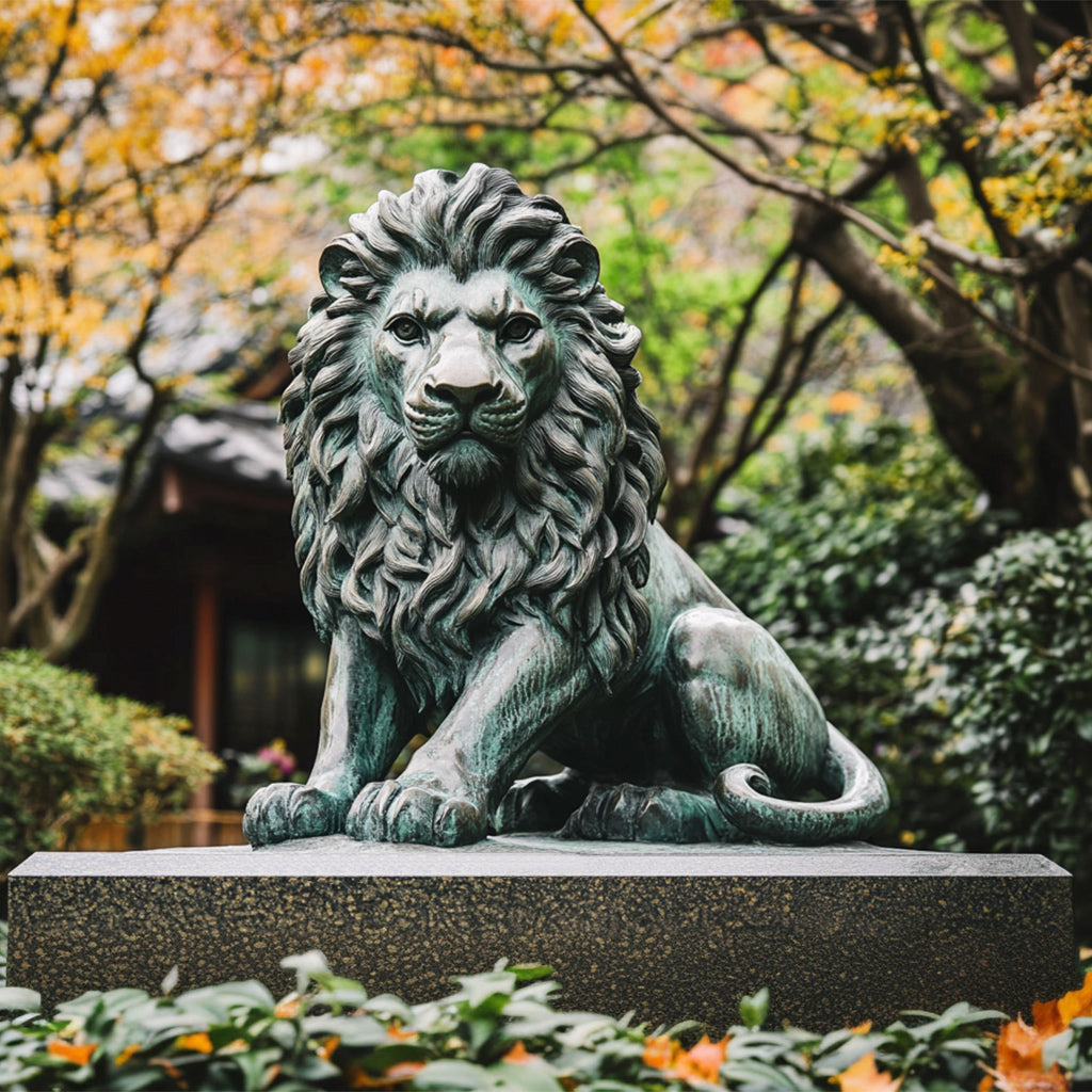 Majestic Bronze Lion Statue with a Green Patina finish, display in garden.