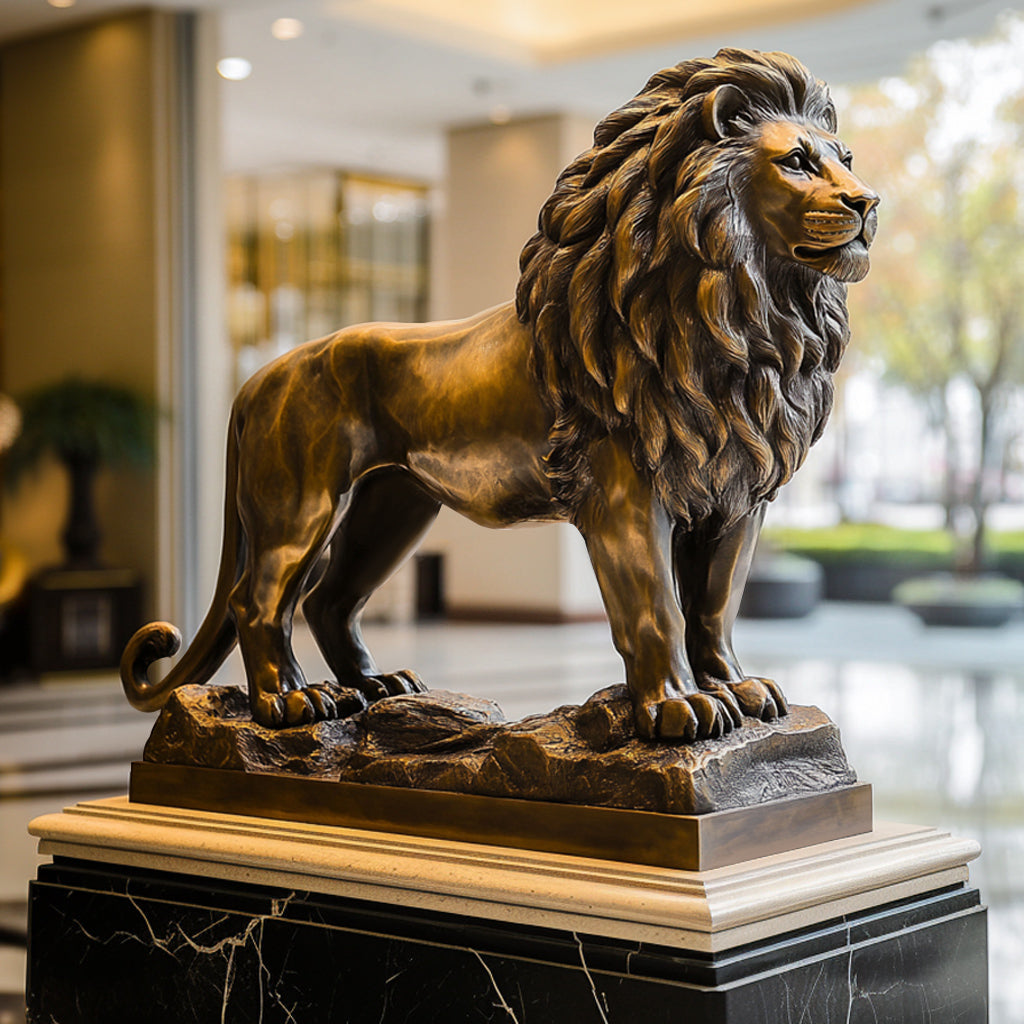 Custom Standing Bronze Lion Statue with a polished finish, display luxury indoor