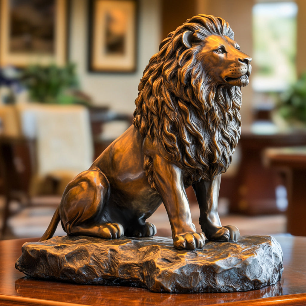 Custom Luxury Sitting Bronze Lion Statue with a polished finish, display on desk