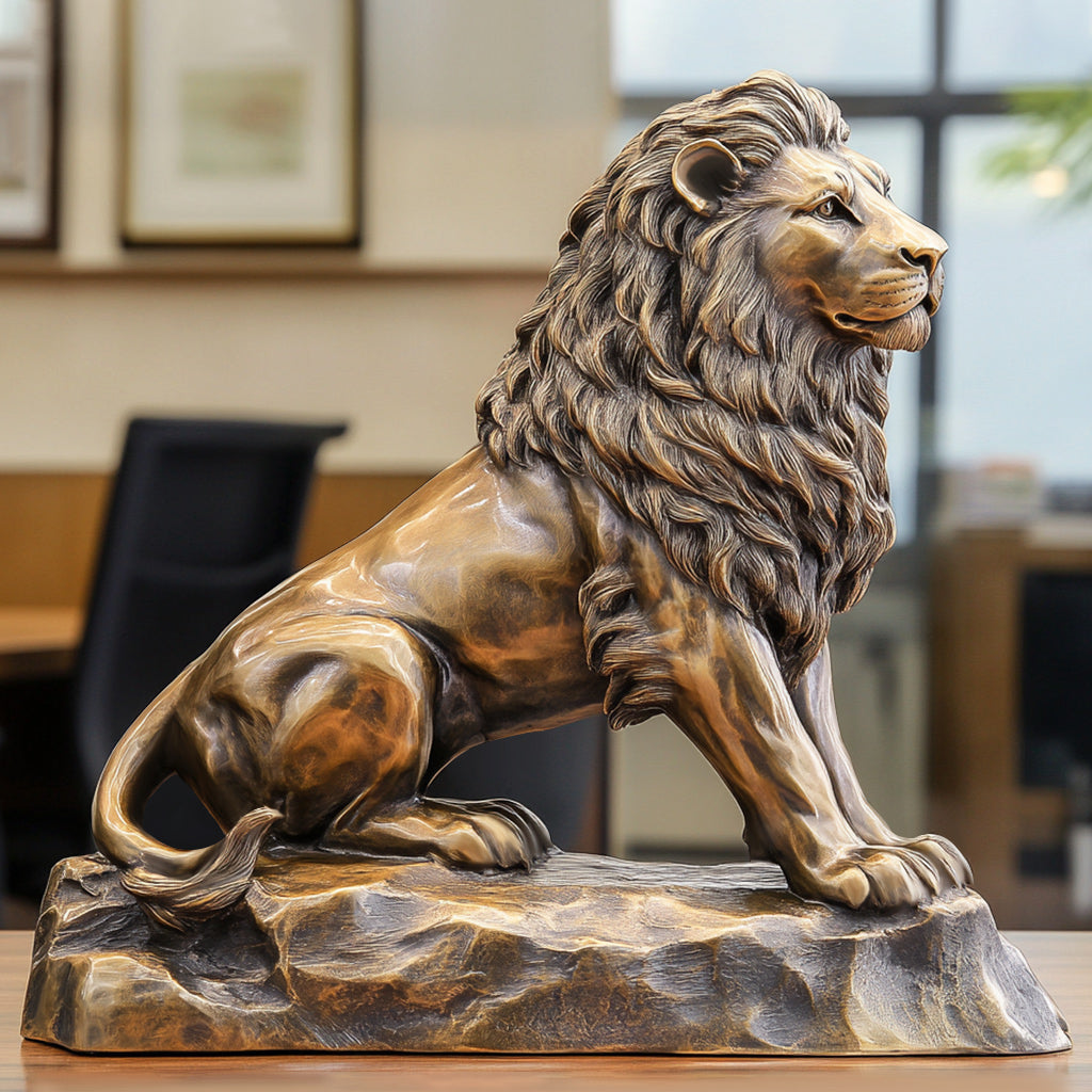 Custom Luxury Sitting Bronze Lion Statue with a polished finish, display on desk