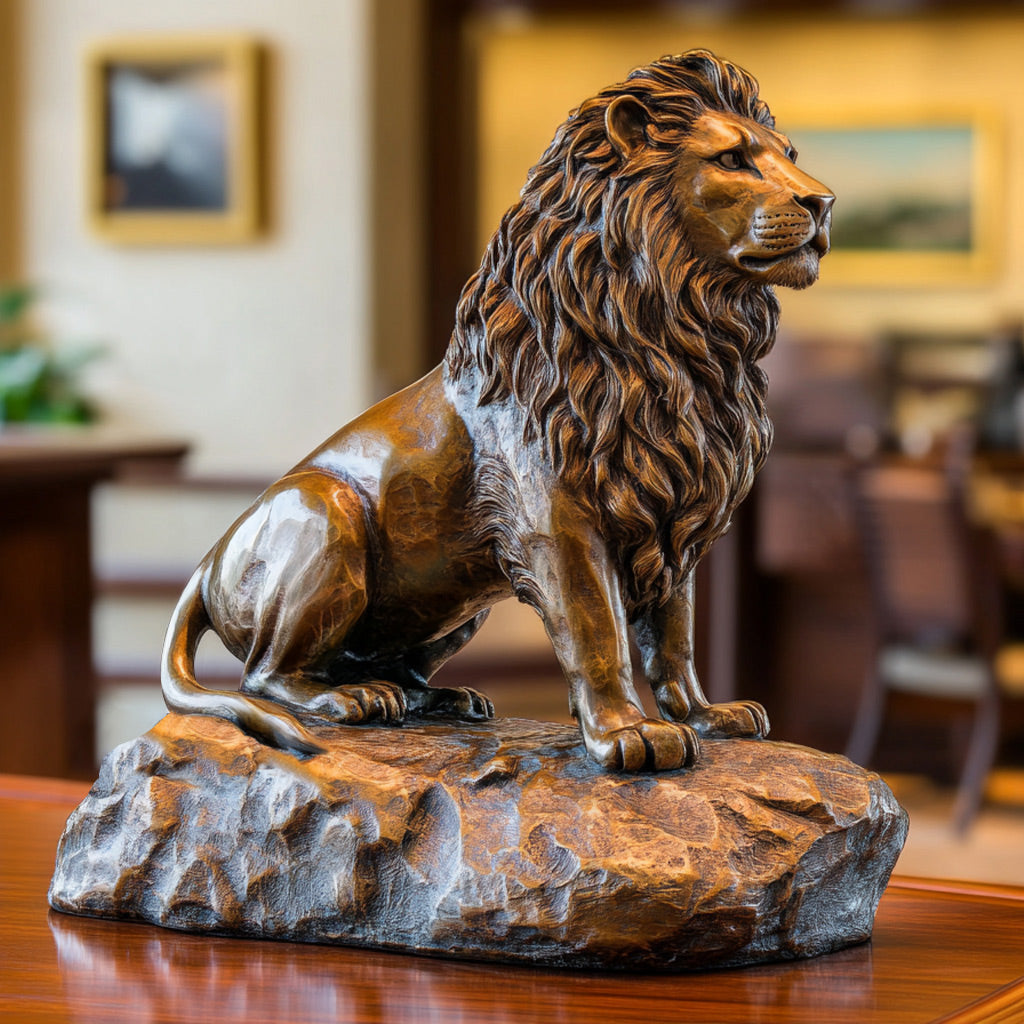  Custom Luxury Sitting Bronze Lion Statue with a polished finish, display on desk