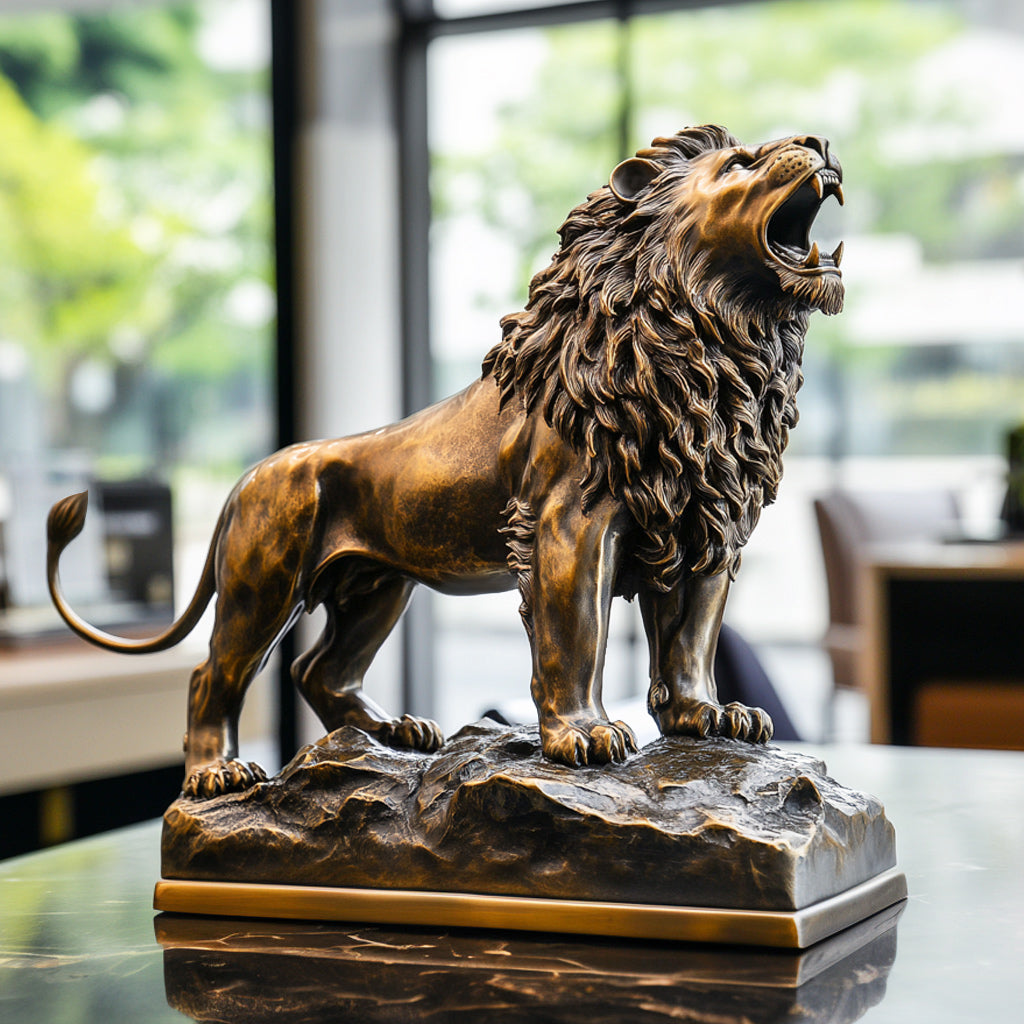 Roaring Bronze Lion Sculpture with a polished finish, showcasing lifelike details and a commanding pose,display in luxury indoor