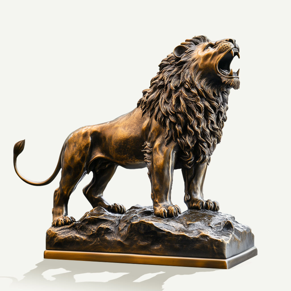 Roaring Bronze Lion Sculpture with a polished finish, showcasing lifelike details and a commanding pose