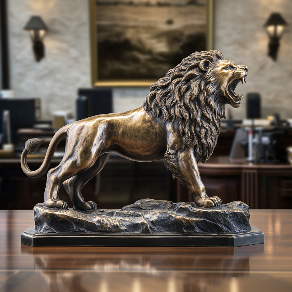 Custom Premium Roaring Bronze Lion Sculpture with an antiqued bronze finish, ideal for executive offices, luxury lobbies, and cultural venues.