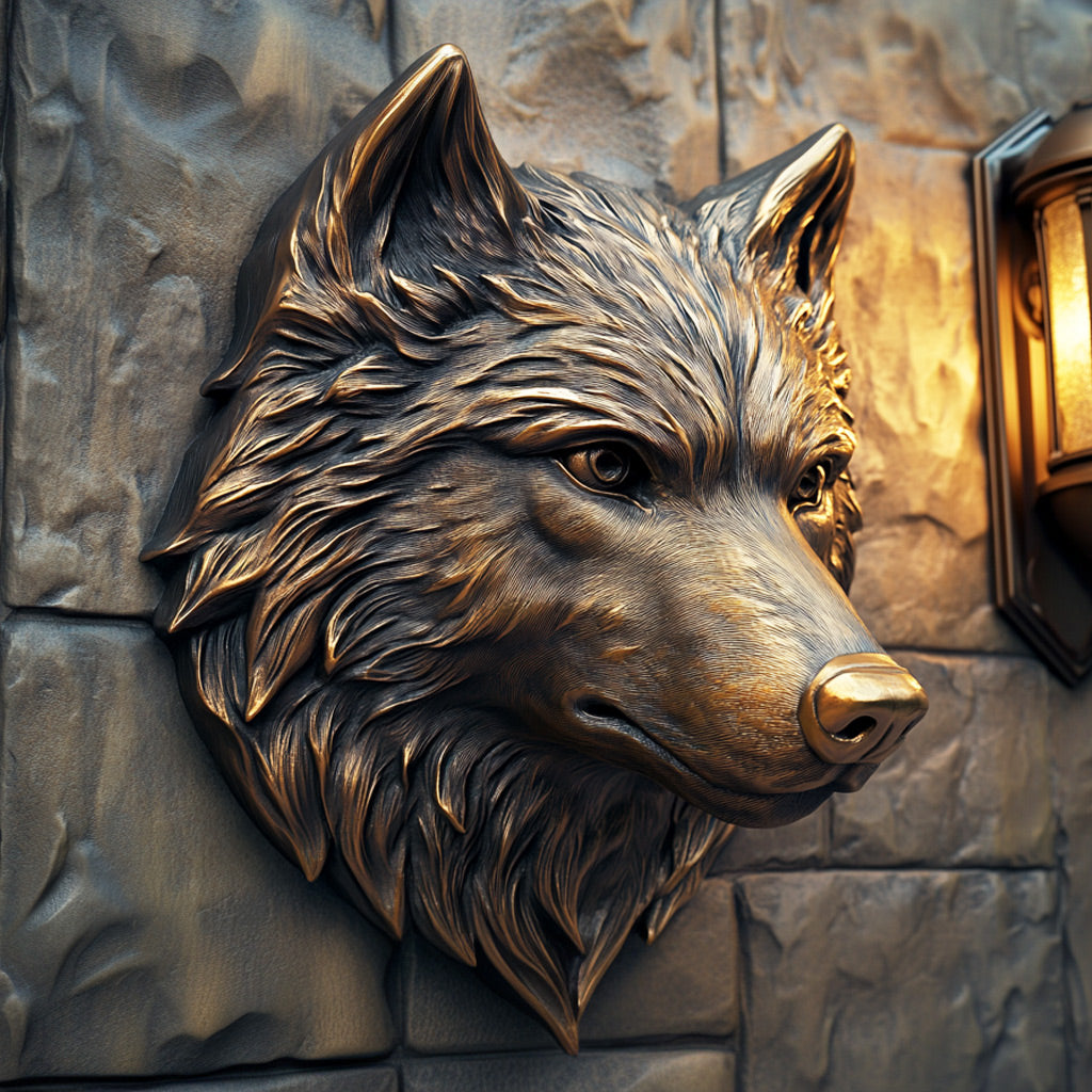 Custom Bronze Wolf Head Wall Sculpture with an antiqued bronze finish, mounted on the wall.