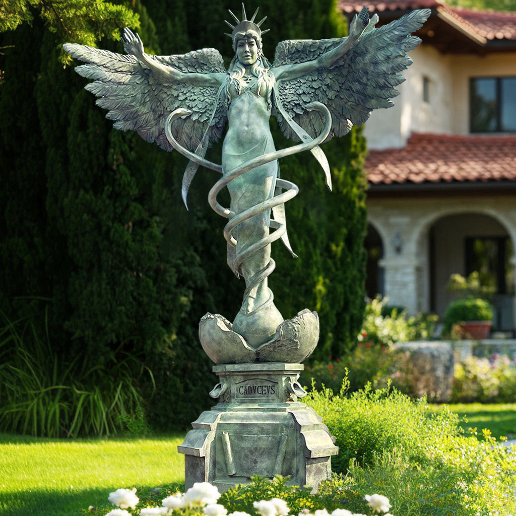  Angel of Healing Caduceus Garden Sculpture with green patina finish, ideal for outdoor gardens, memorial spaces, and cultural institutions.