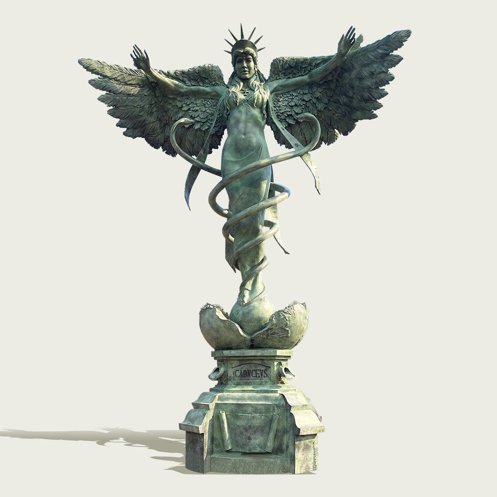  Angel of Healing Caduceus Garden Sculpture with green patina finish, ideal for outdoor gardens, memorial spaces, and cultural institutions.