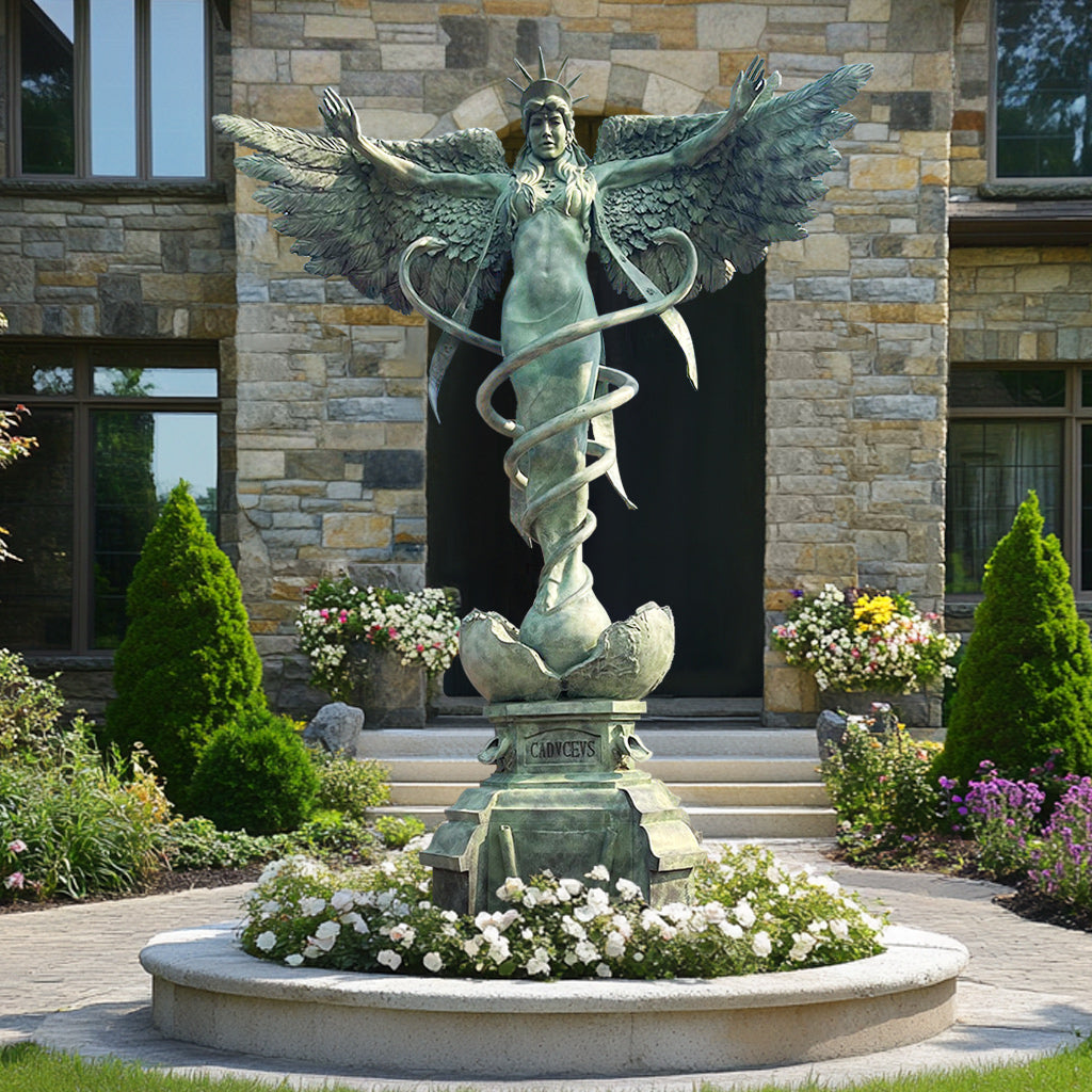  Angel of Healing Caduceus Garden Sculpture with green patina finish, ideal for outdoor gardens, memorial spaces, and cultural institutions.